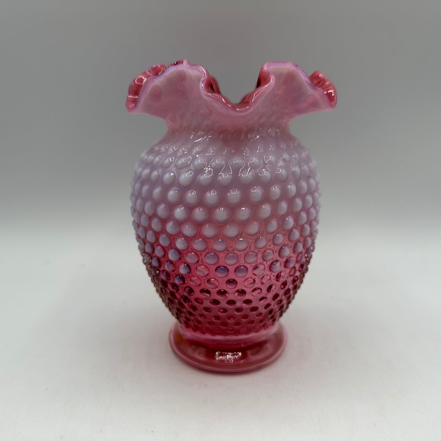 Fenton Cranberry Opalescent Hobnail Ruffled Vase 6" Tall