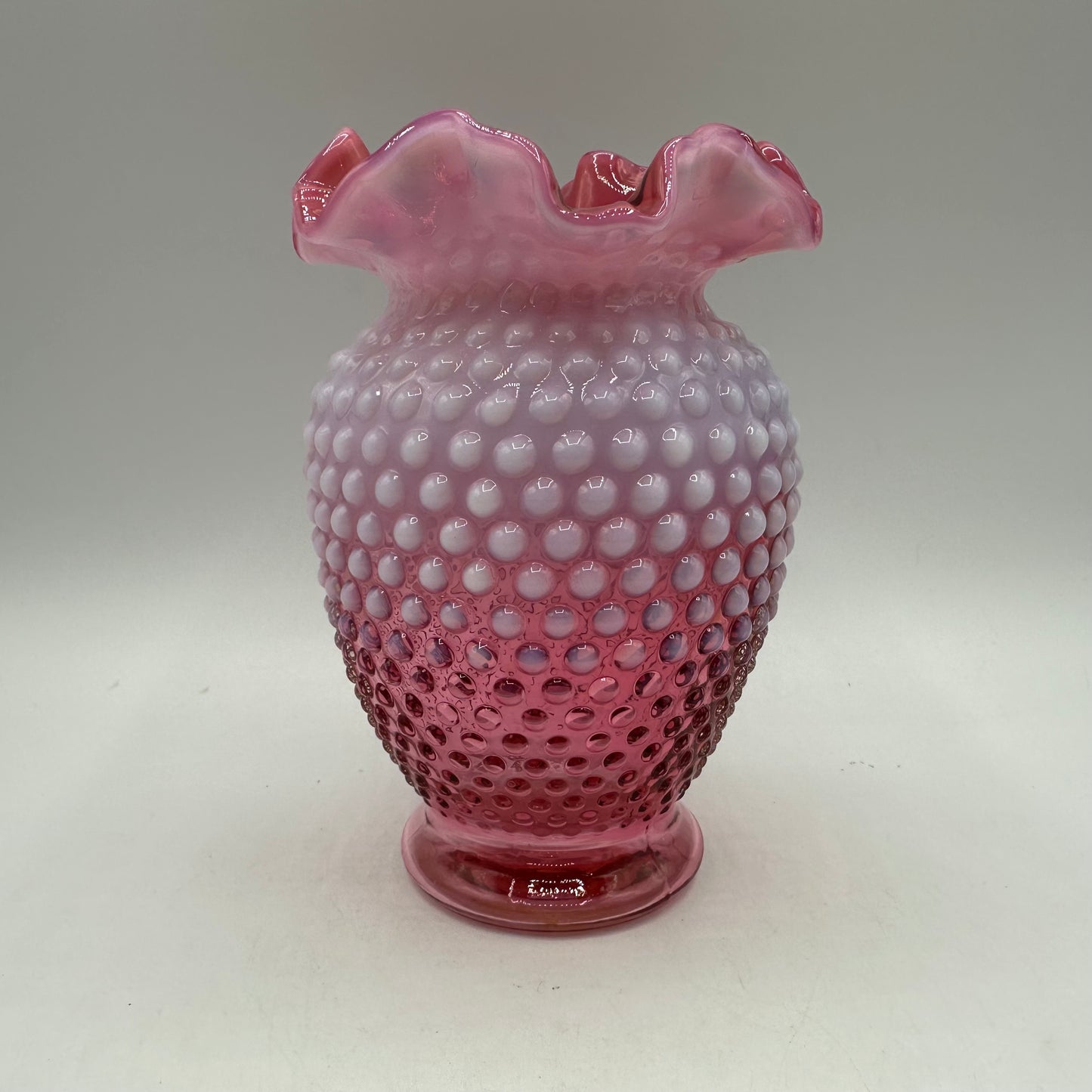 Fenton Cranberry Opalescent Hobnail Ruffled Vase 6" Tall