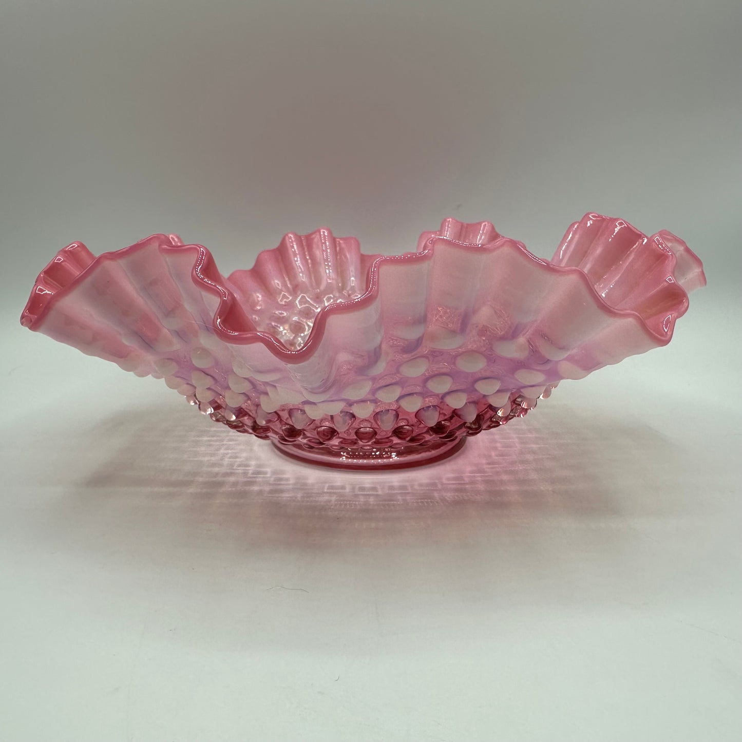 Fenton Hobnail Bowl 9 1/2" Cranberry Opalescent Double Crimped Ruffled