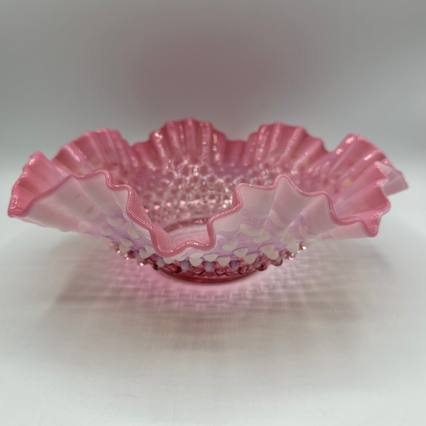 Fenton Hobnail Bowl 9 1/2" Cranberry Opalescent Double Crimped Ruffled