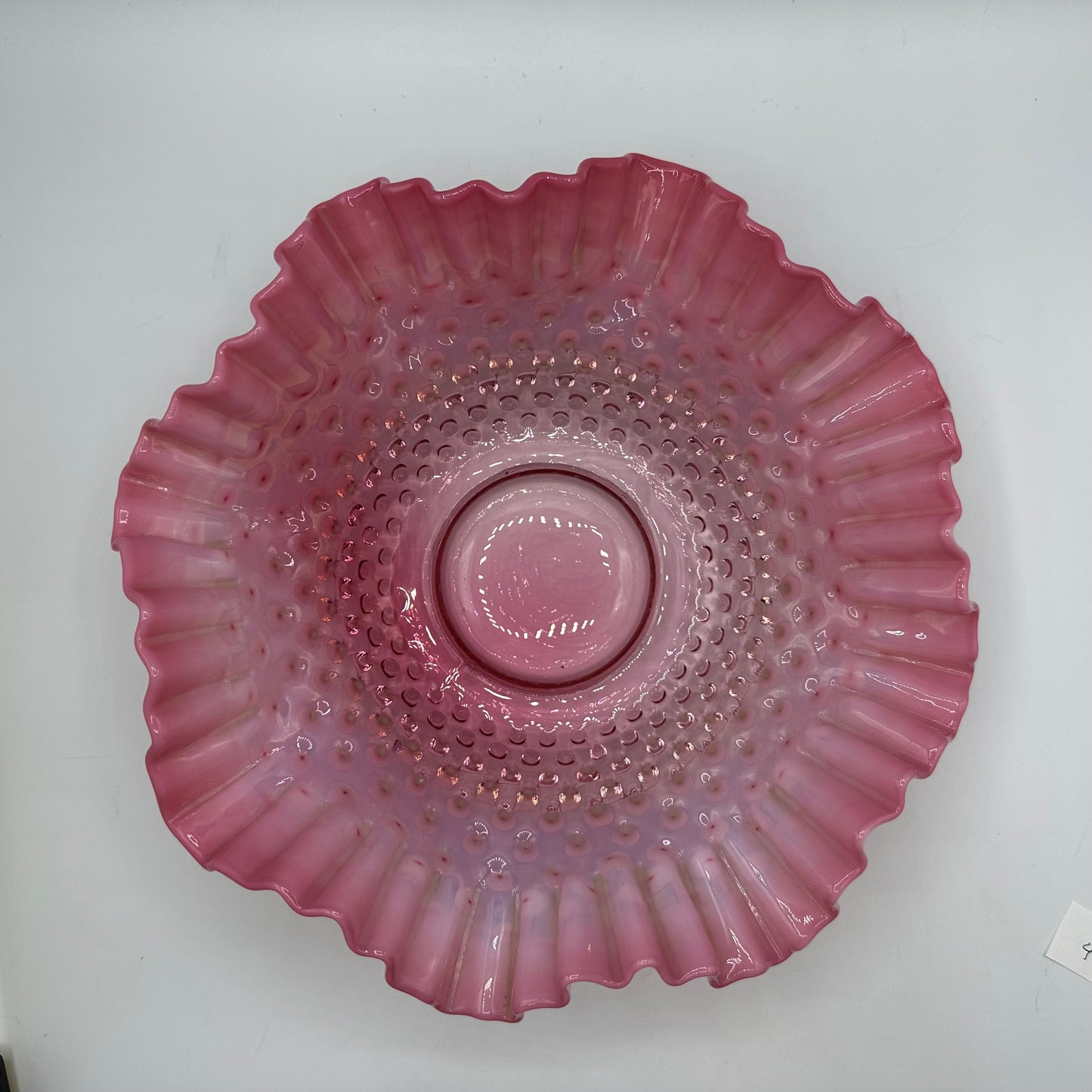 Fenton Hobnail Bowl 9 1/2" Cranberry Opalescent Double Crimped Ruffled