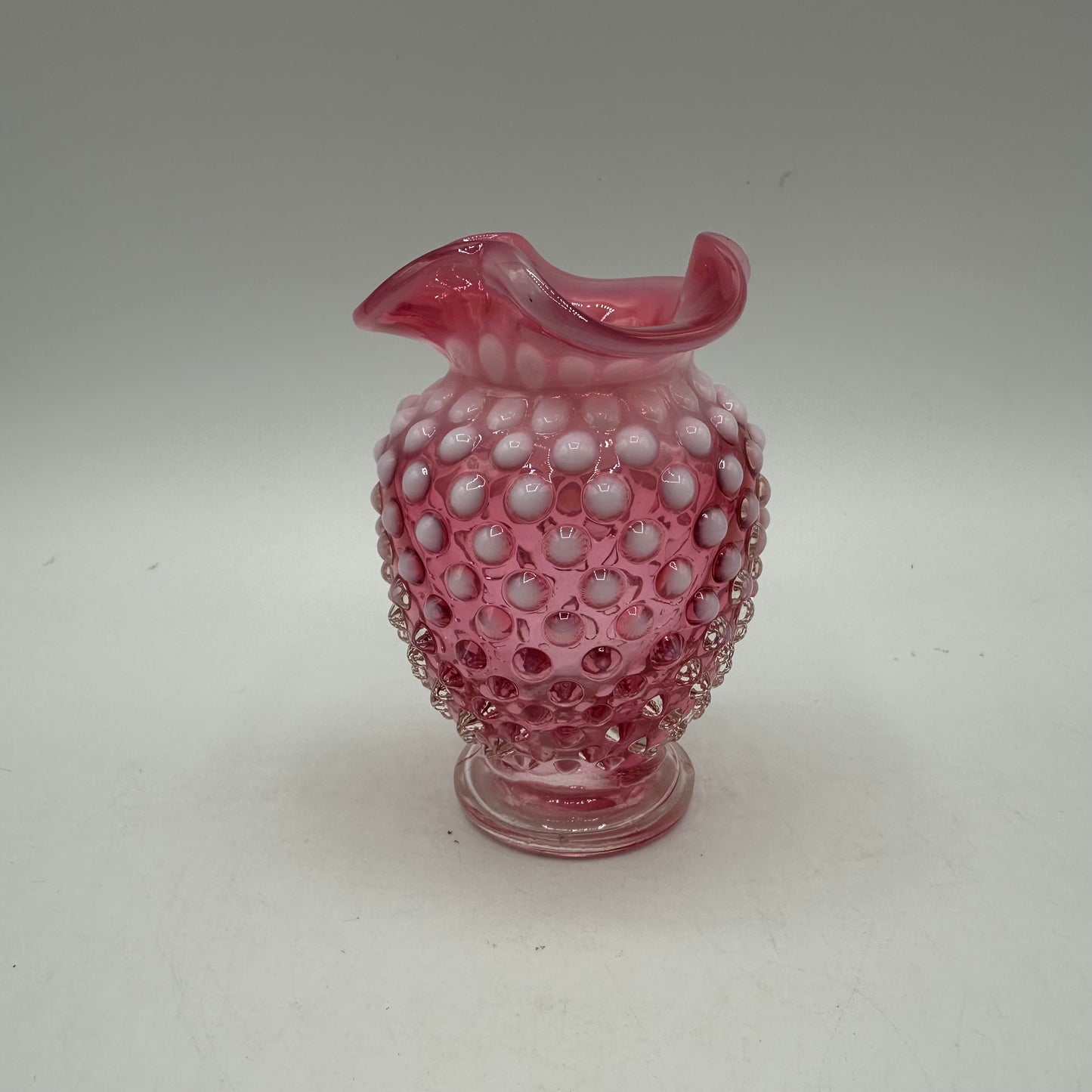 Fenton Cranberry Opalescent Hobnail Ruffled Vase, 3.75"