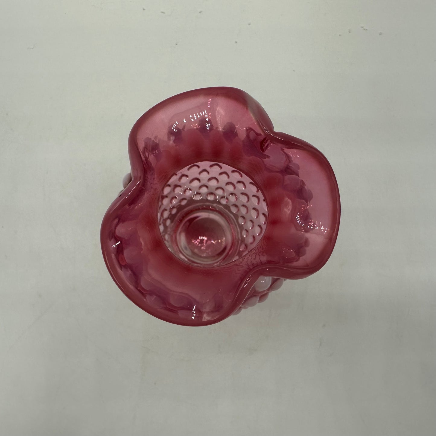 Fenton Cranberry Opalescent Hobnail Ruffled Vase, 3.75"