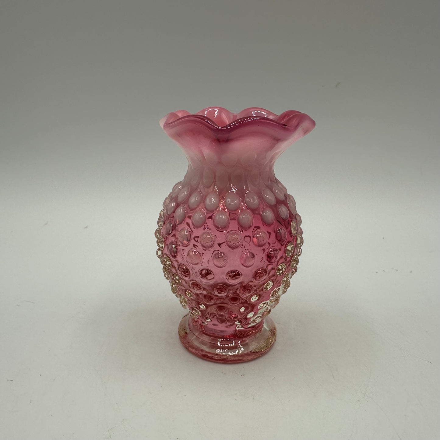 Fenton Cranberry Opalescent Hobnail Ruffled Vase, 3.75"