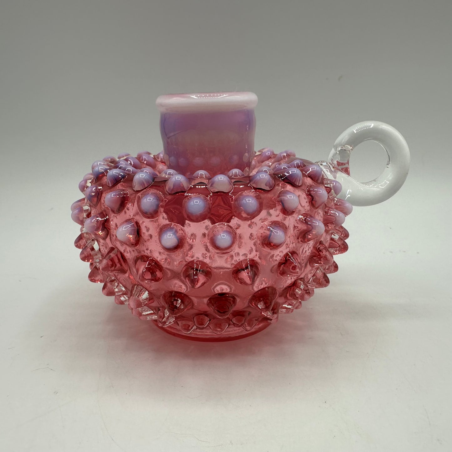 Fenton Cranberry Opalescent Hobnail Handled Candle Holder