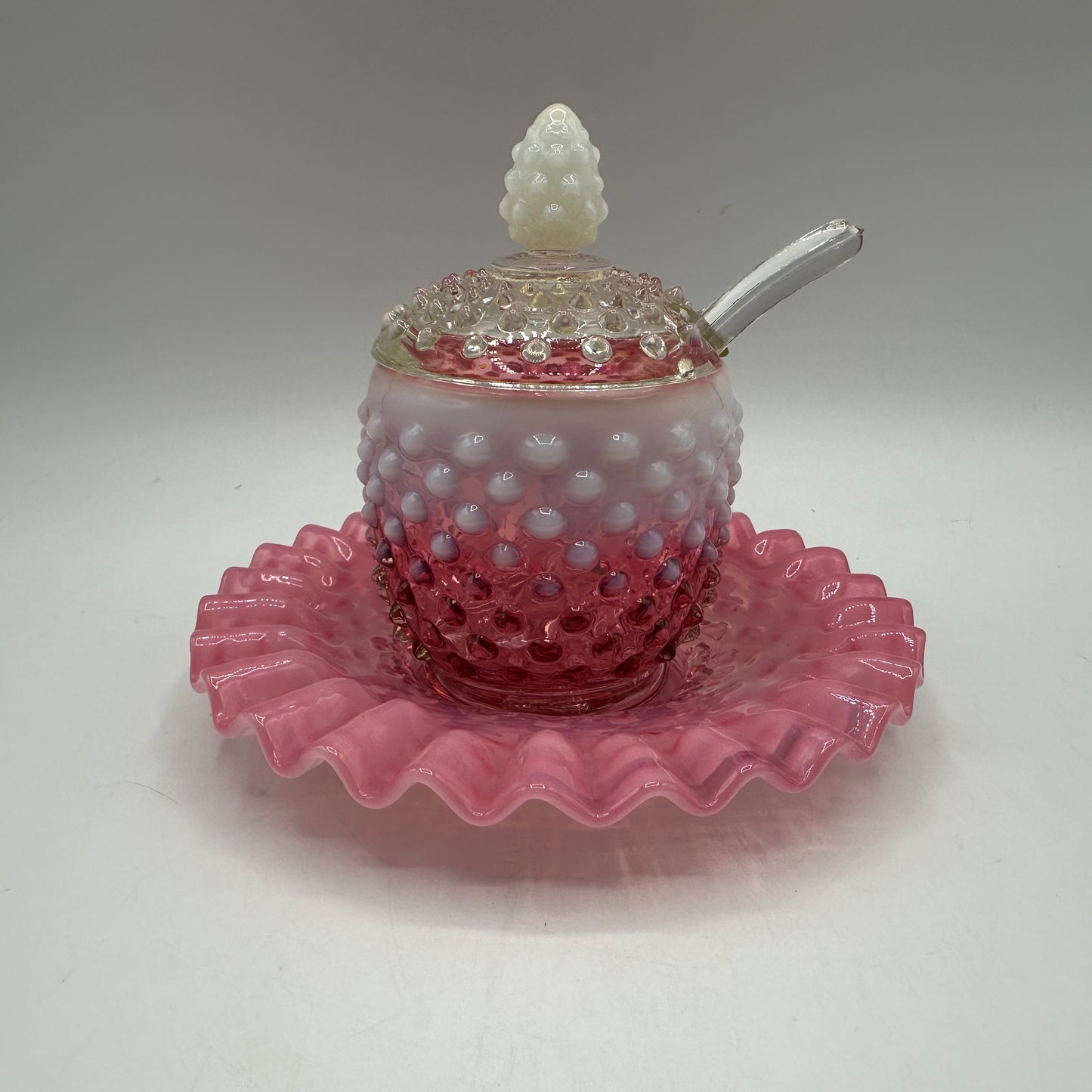 Fenton Cranberry Opalescent Hobnail Jam Covered Jar, Plate, And Spoon Set
