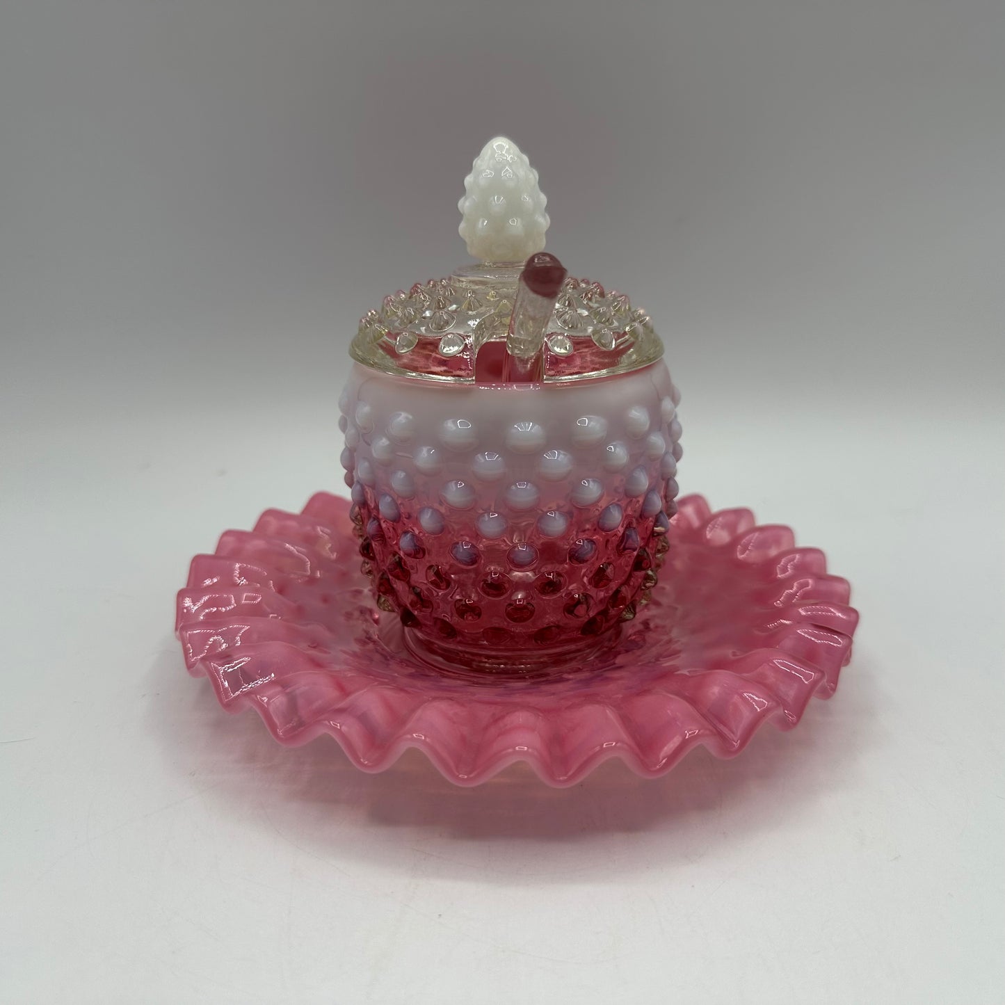 Fenton Cranberry Opalescent Hobnail Jam Covered Jar, Plate, And Spoon Set
