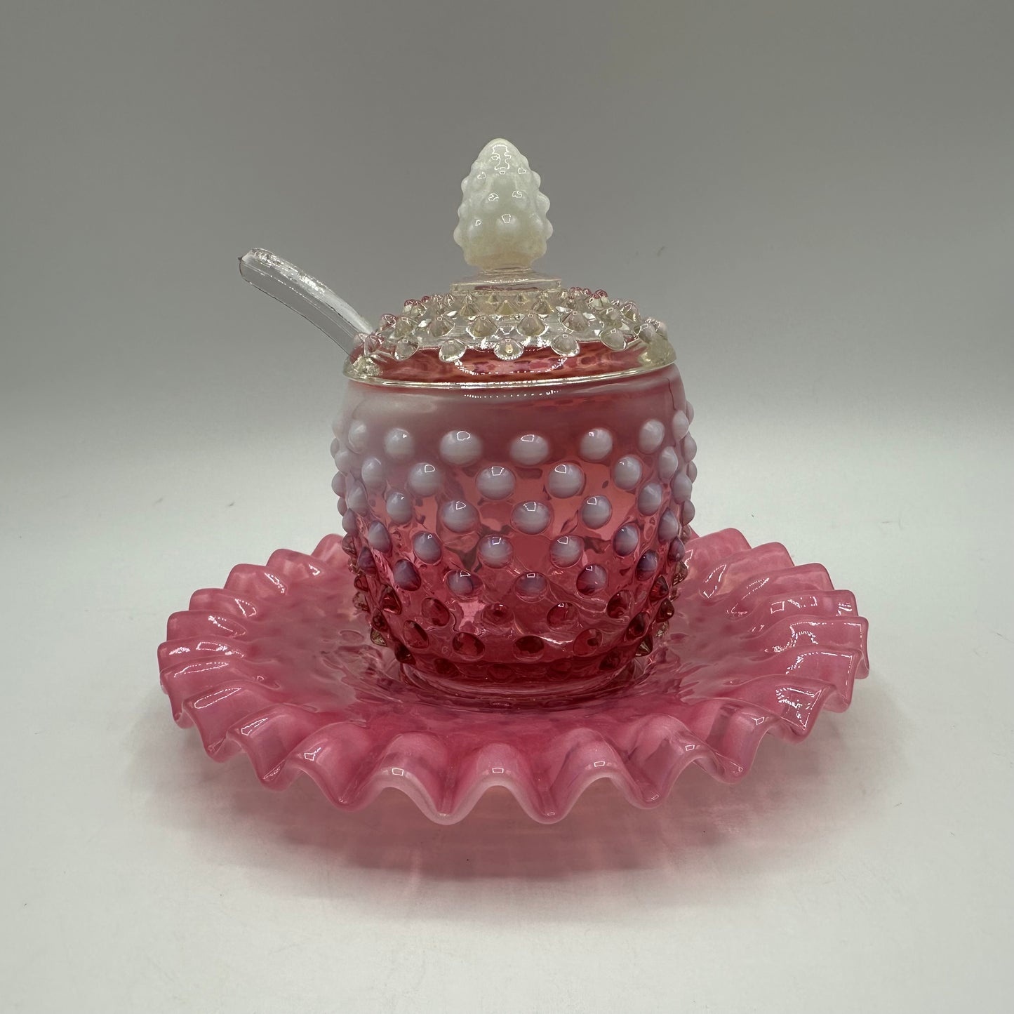 Fenton Cranberry Opalescent Hobnail Jam Covered Jar, Plate, And Spoon Set