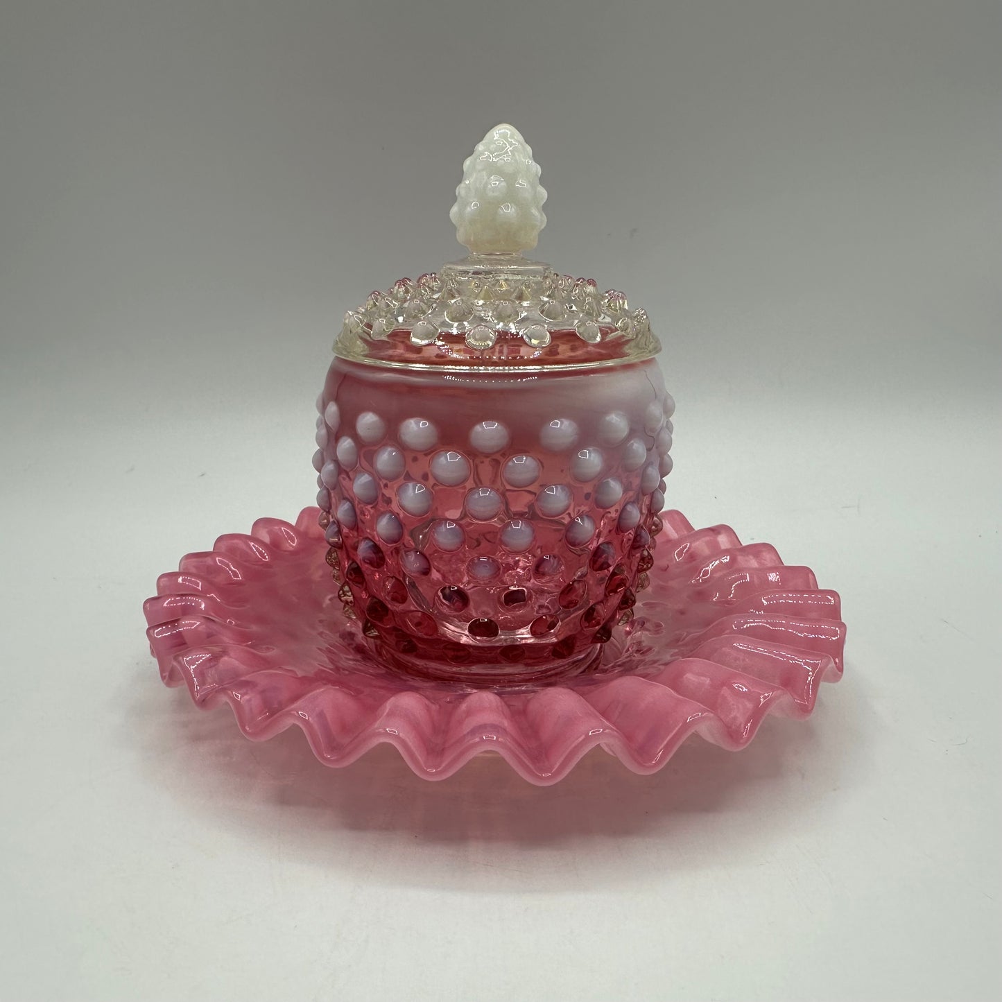 Fenton Cranberry Opalescent Hobnail Jam Covered Jar, Plate, And Spoon Set