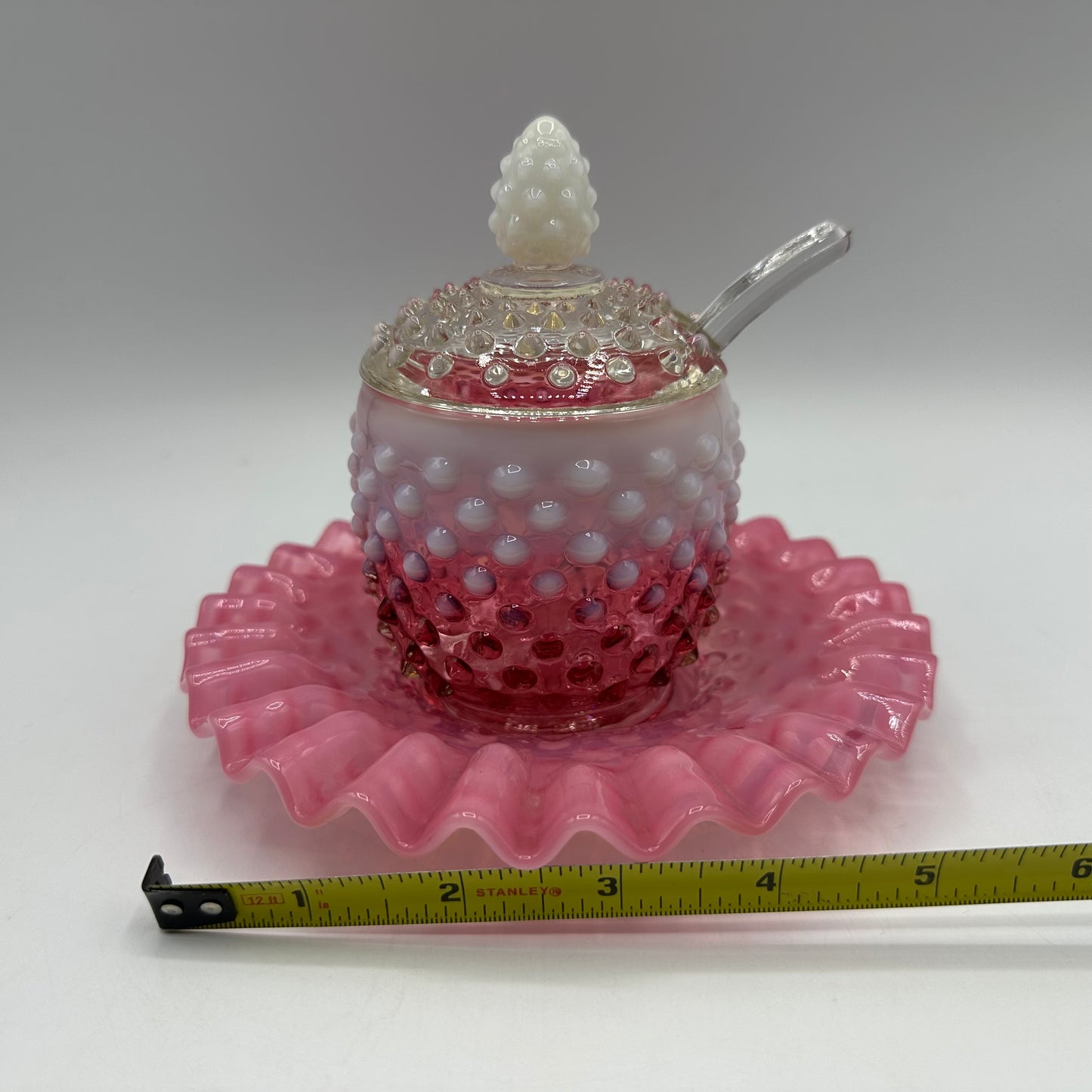 Fenton Cranberry Opalescent Hobnail Jam Covered Jar, Plate, And Spoon Set