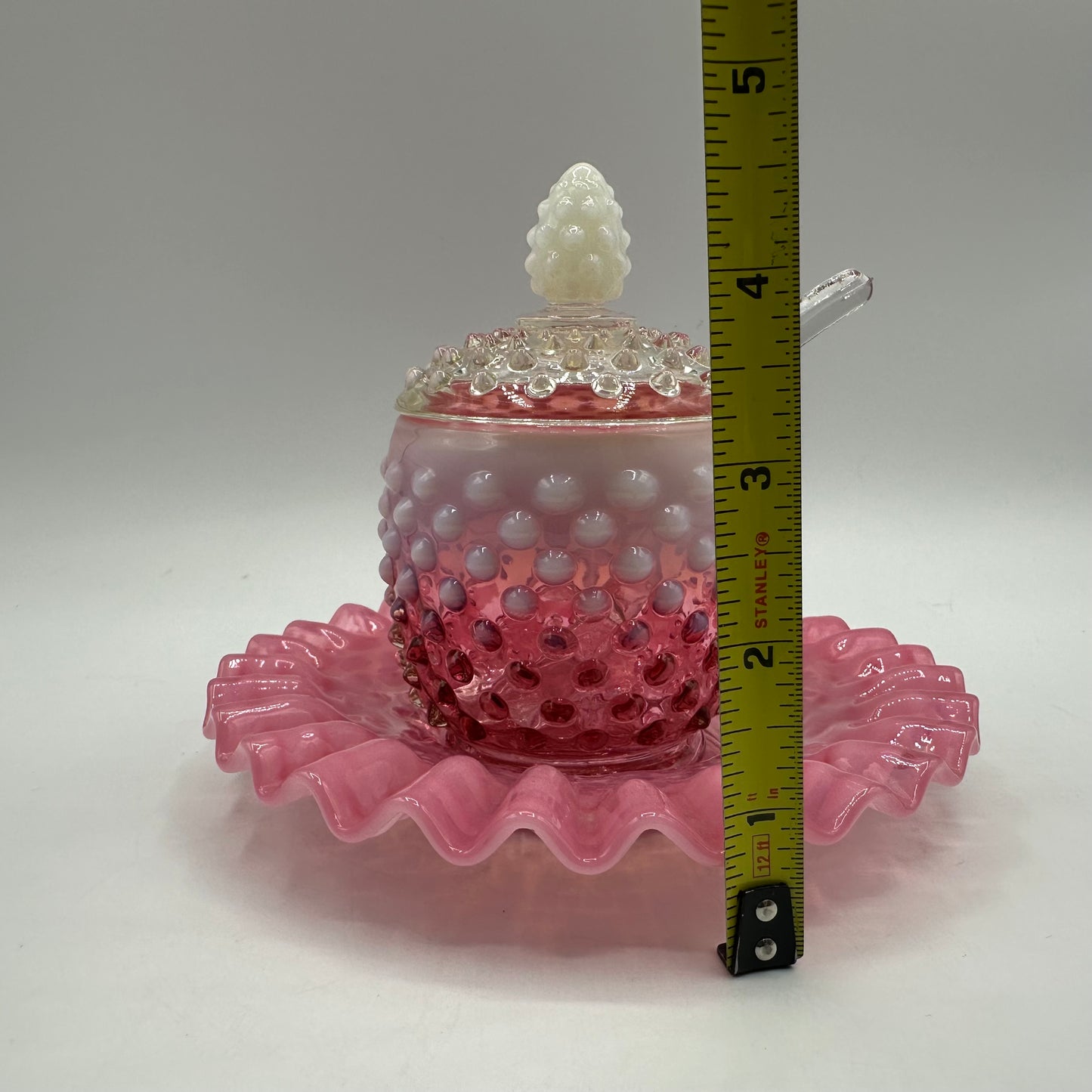 Fenton Cranberry Opalescent Hobnail Jam Covered Jar, Plate, And Spoon Set