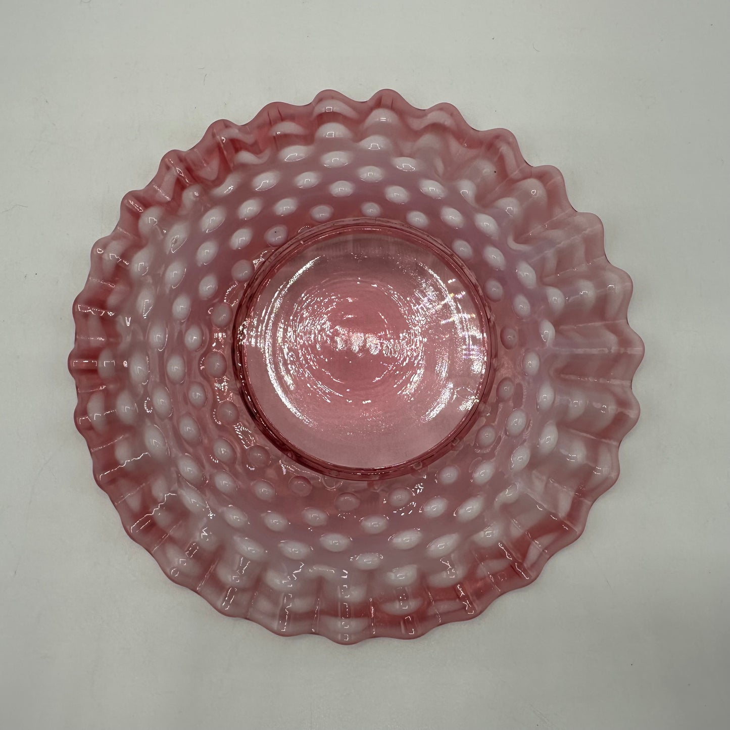 Fenton Cranberry Opalescent Hobnail Jam Covered Jar, Plate, And Spoon Set