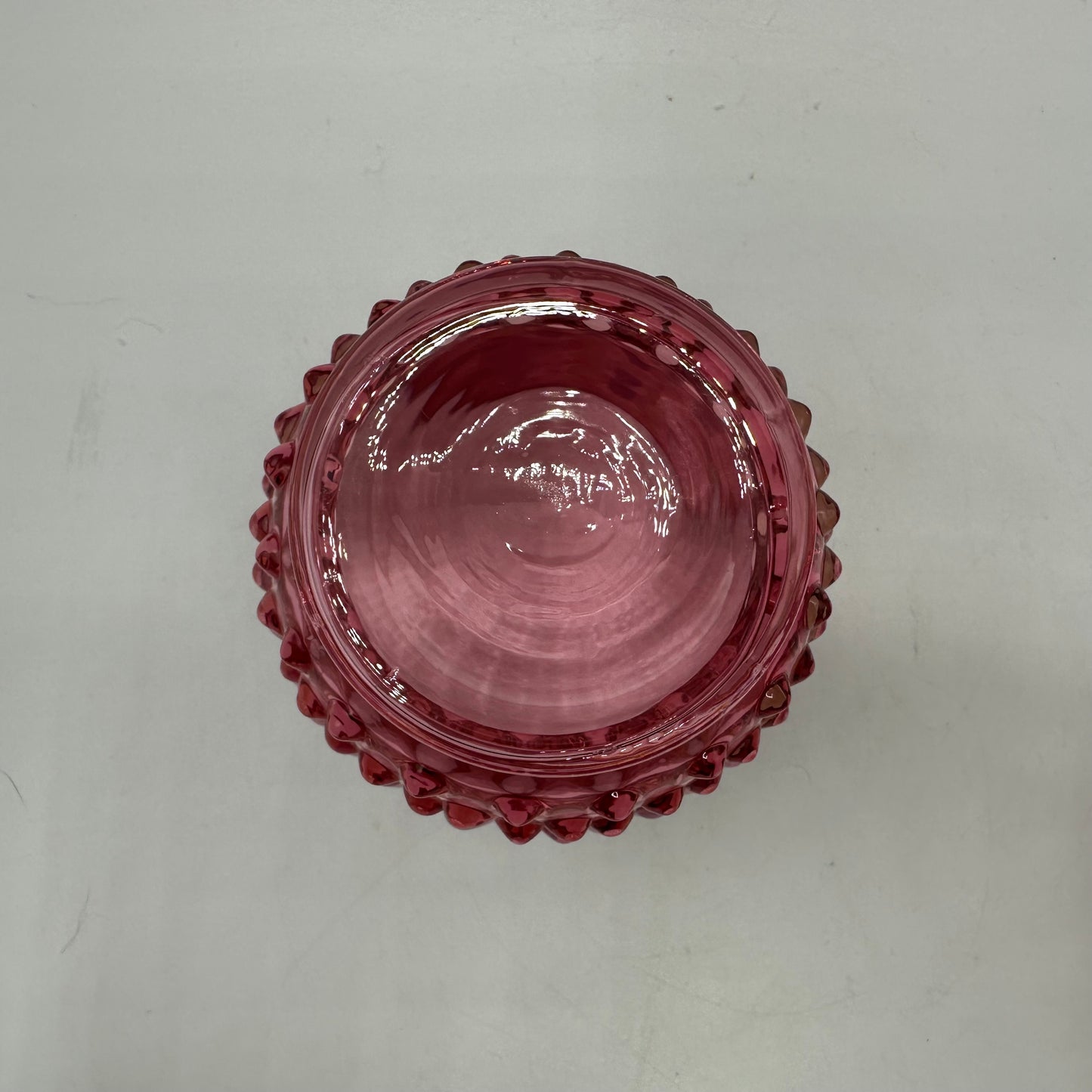 Fenton Cranberry Opalescent Hobnail Jam Covered Jar, Plate, And Spoon Set