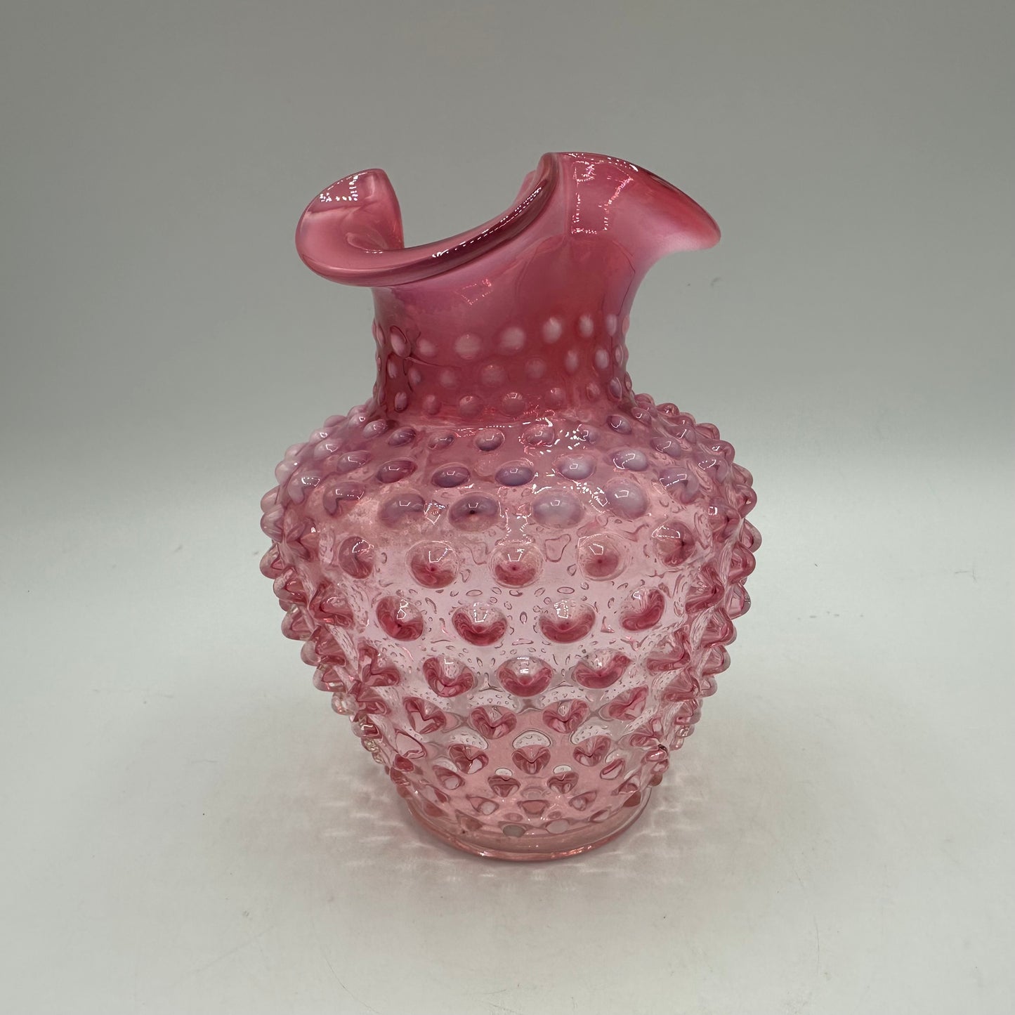 Fenton Cranberry Opalescent Hobnail Crimped Vase, 5.25" Tall