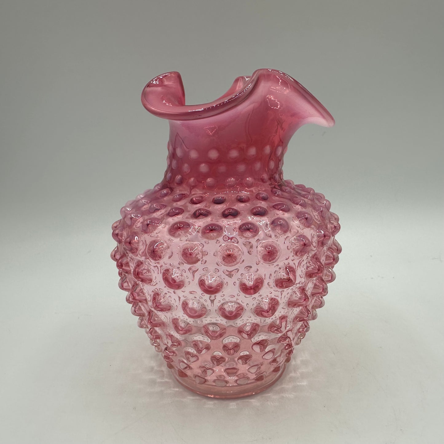 Fenton Cranberry Opalescent Hobnail Crimped Vase, 5.25" Tall