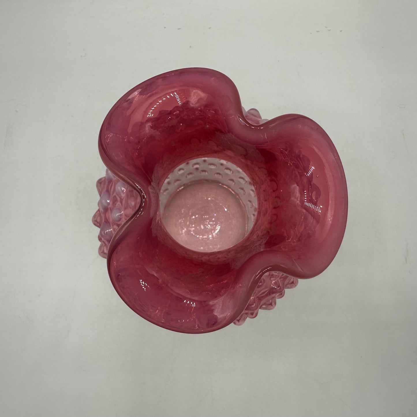 Fenton Cranberry Opalescent Hobnail Crimped Vase, 5.25" Tall