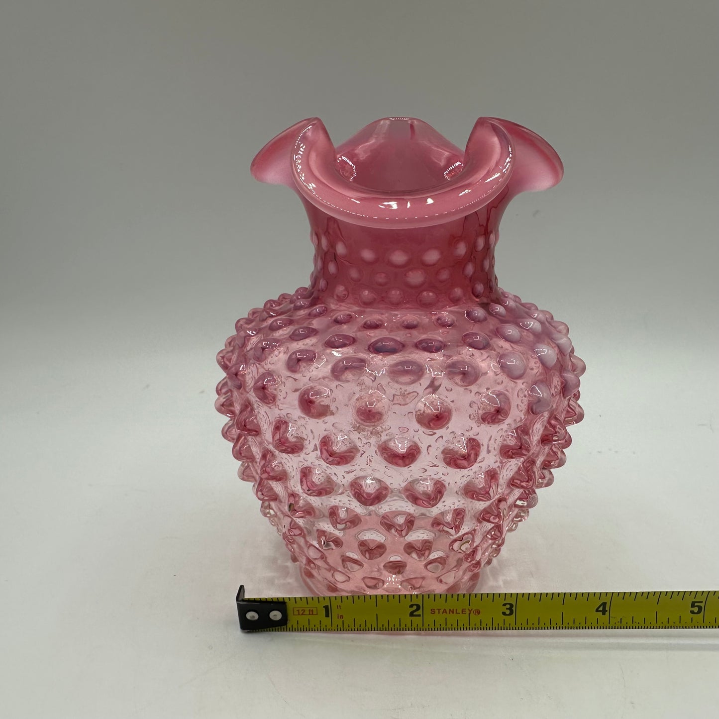 Fenton Cranberry Opalescent Hobnail Crimped Vase, 5.25" Tall