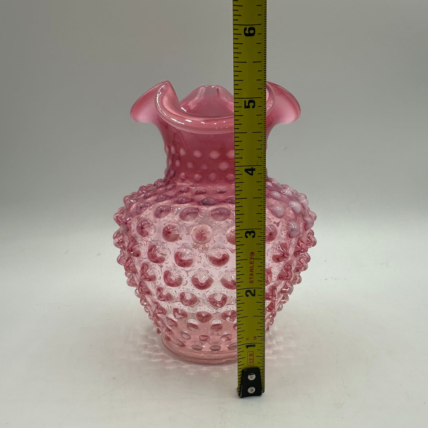 Fenton Cranberry Opalescent Hobnail Crimped Vase, 5.25" Tall