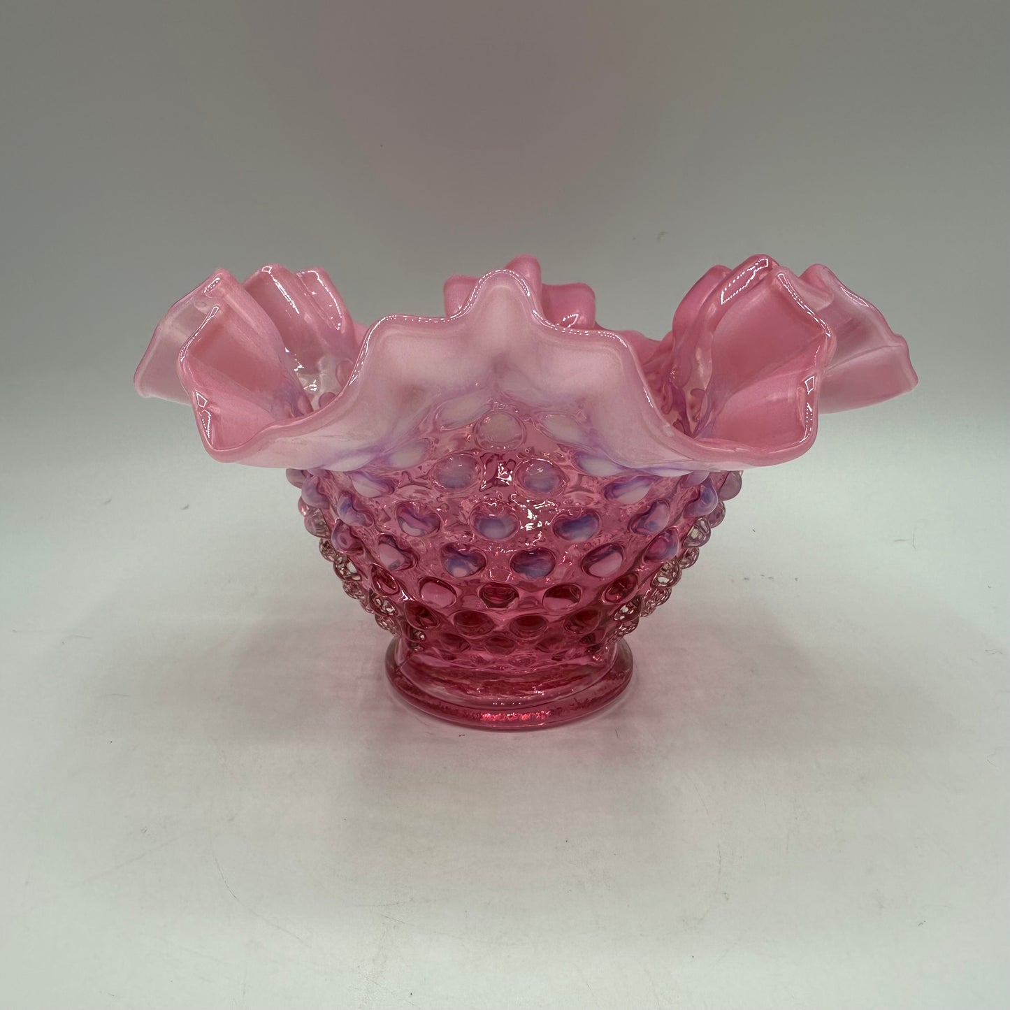 Fenton Cranberry Opalescent Hobnail Ruffled Edge Bowl 4" Tall
