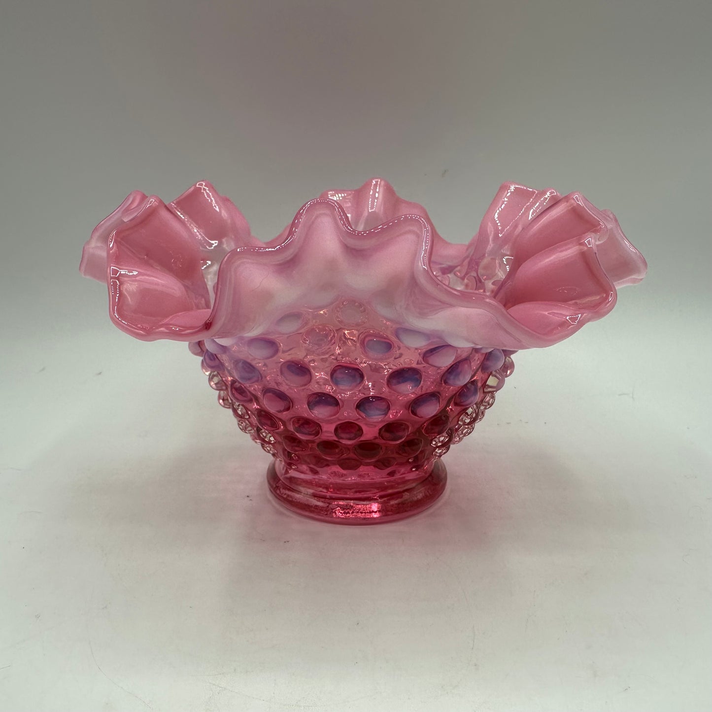 Fenton Cranberry Opalescent Hobnail Ruffled Edge Bowl 4" Tall