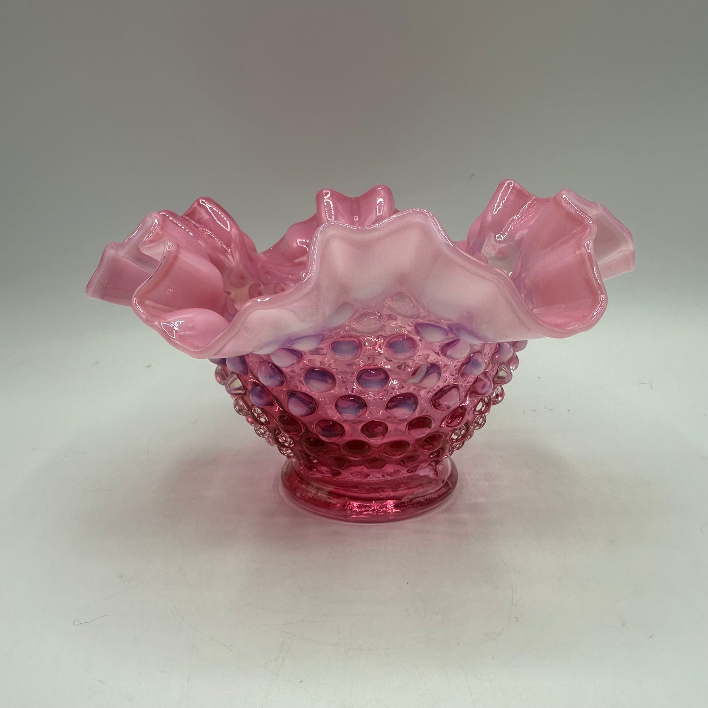 Fenton Cranberry Opalescent Hobnail Ruffled Edge Bowl 4" Tall