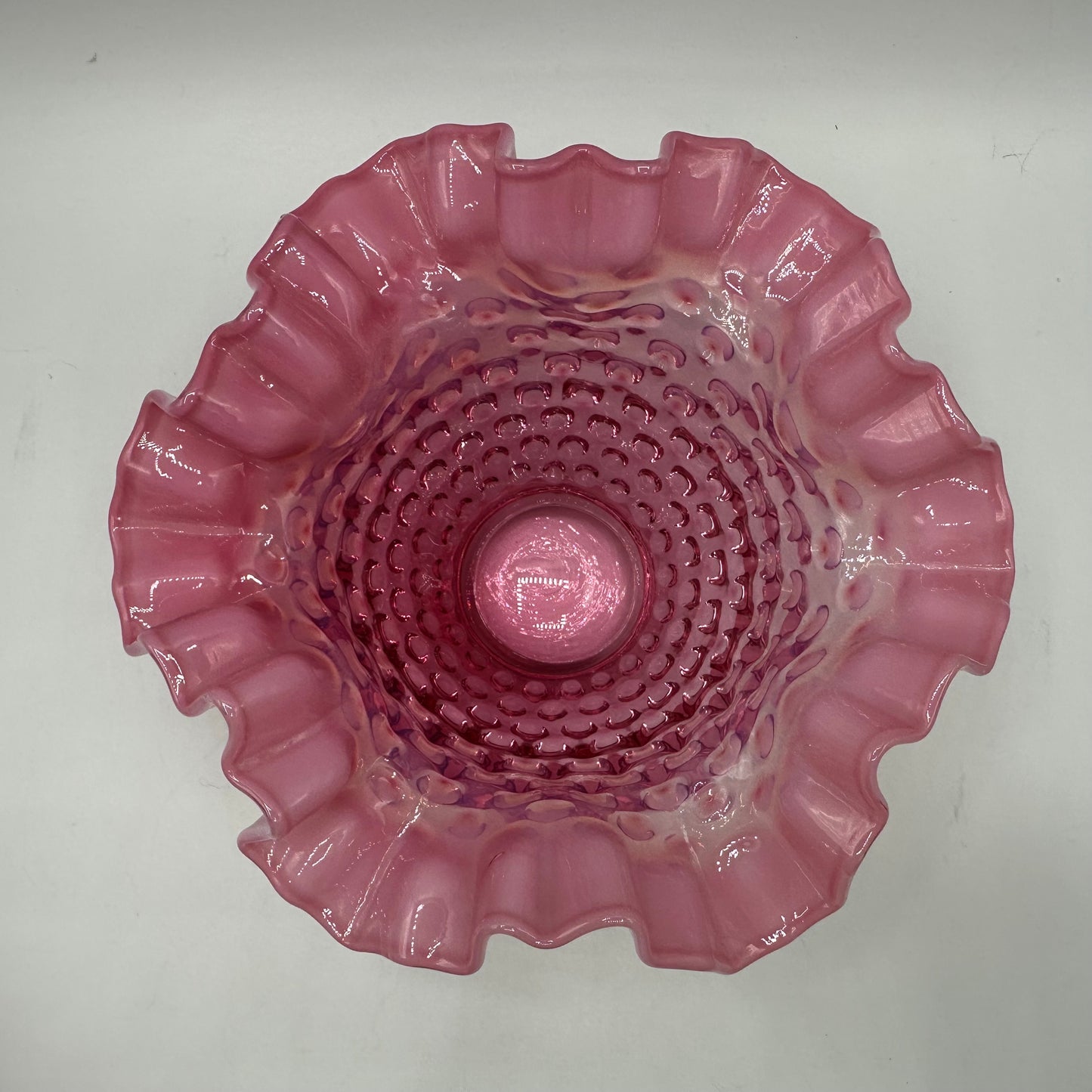Fenton Cranberry Opalescent Hobnail Ruffled Edge Bowl 4" Tall
