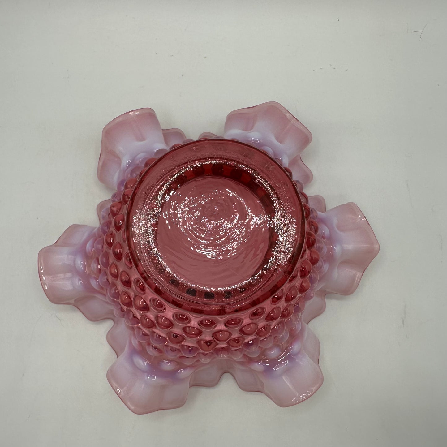 Fenton Cranberry Opalescent Hobnail Ruffled Edge Bowl 4" Tall