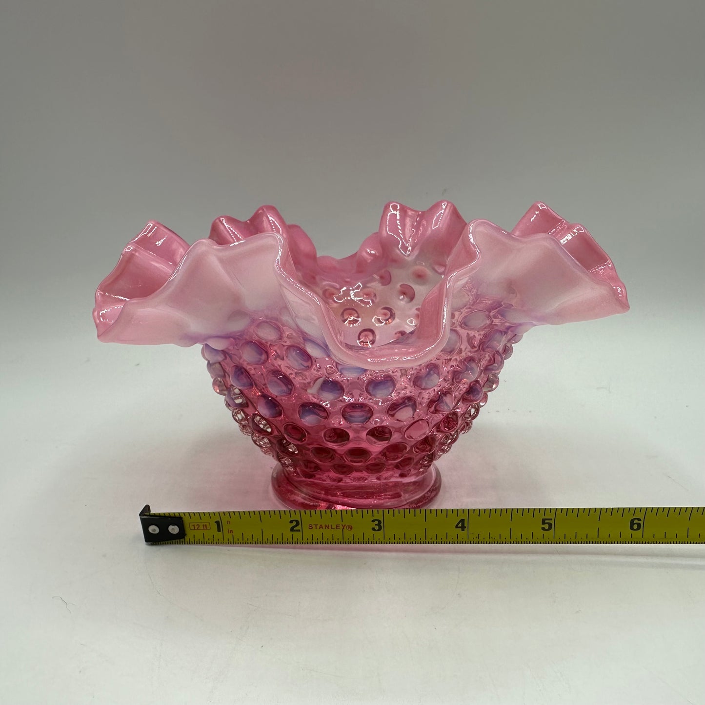 Fenton Cranberry Opalescent Hobnail Ruffled Edge Bowl 4" Tall