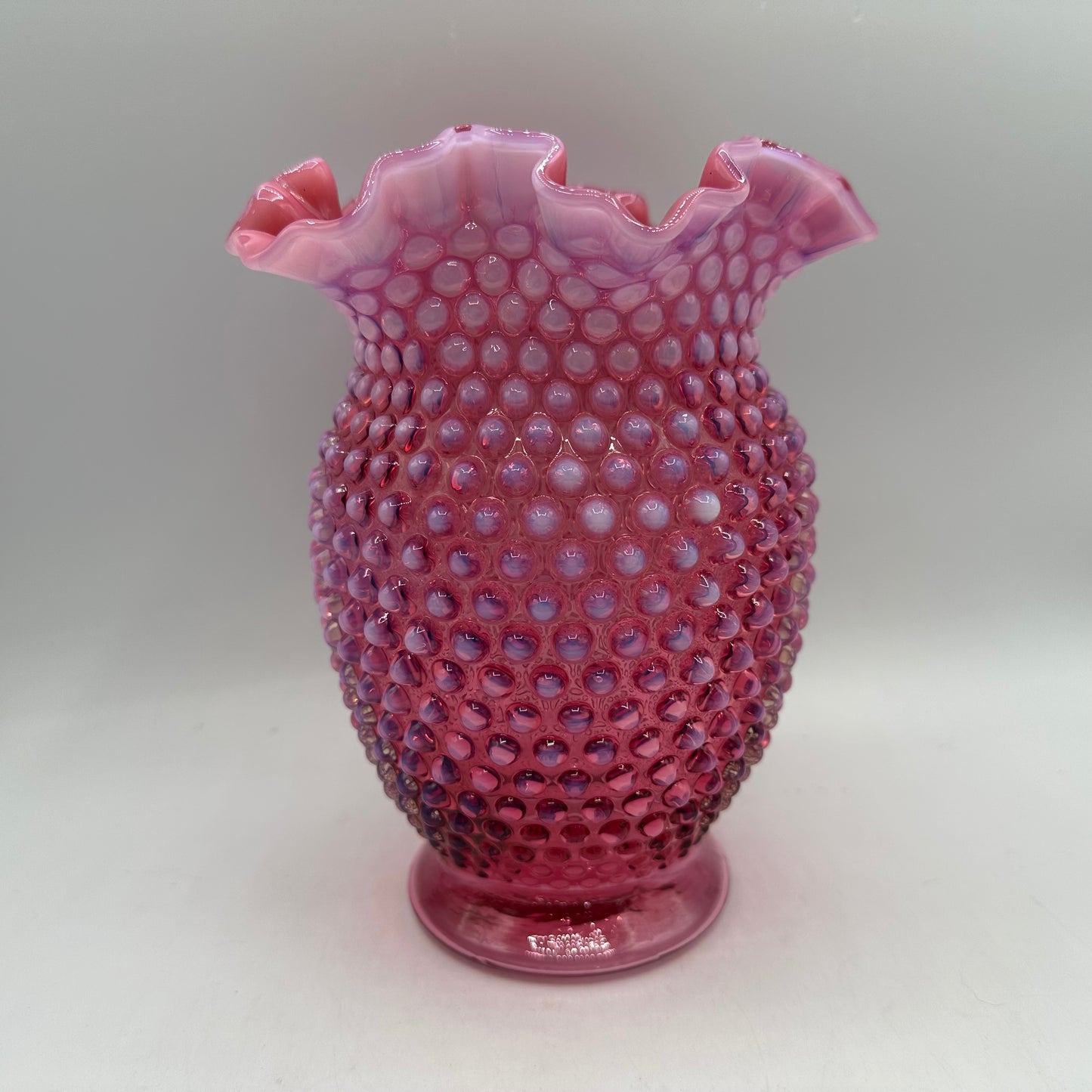 Fenton Cranberry Opalescent Hobnail Ruffled Vase, 8"