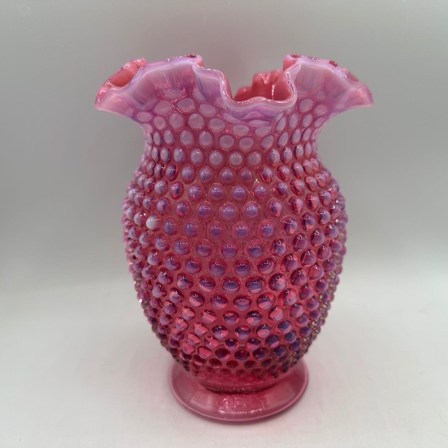 Fenton Cranberry Opalescent Hobnail Ruffled Vase, 8"