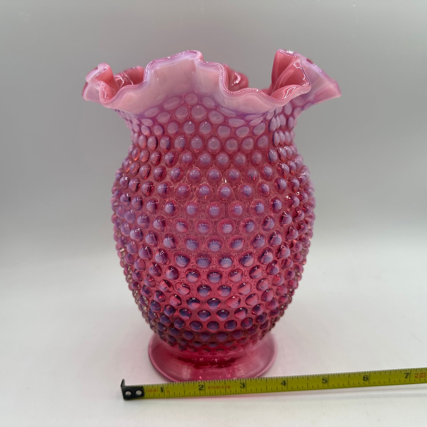 Fenton Cranberry Opalescent Hobnail Ruffled Vase, 8"