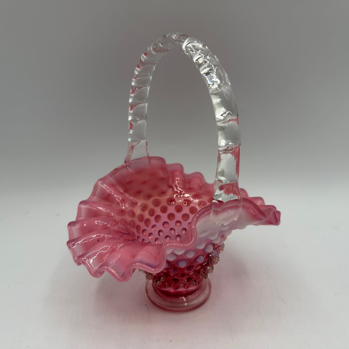 Fenton Cranberry Opalescent Hobnail Ruffled Basket 1940s, 5"