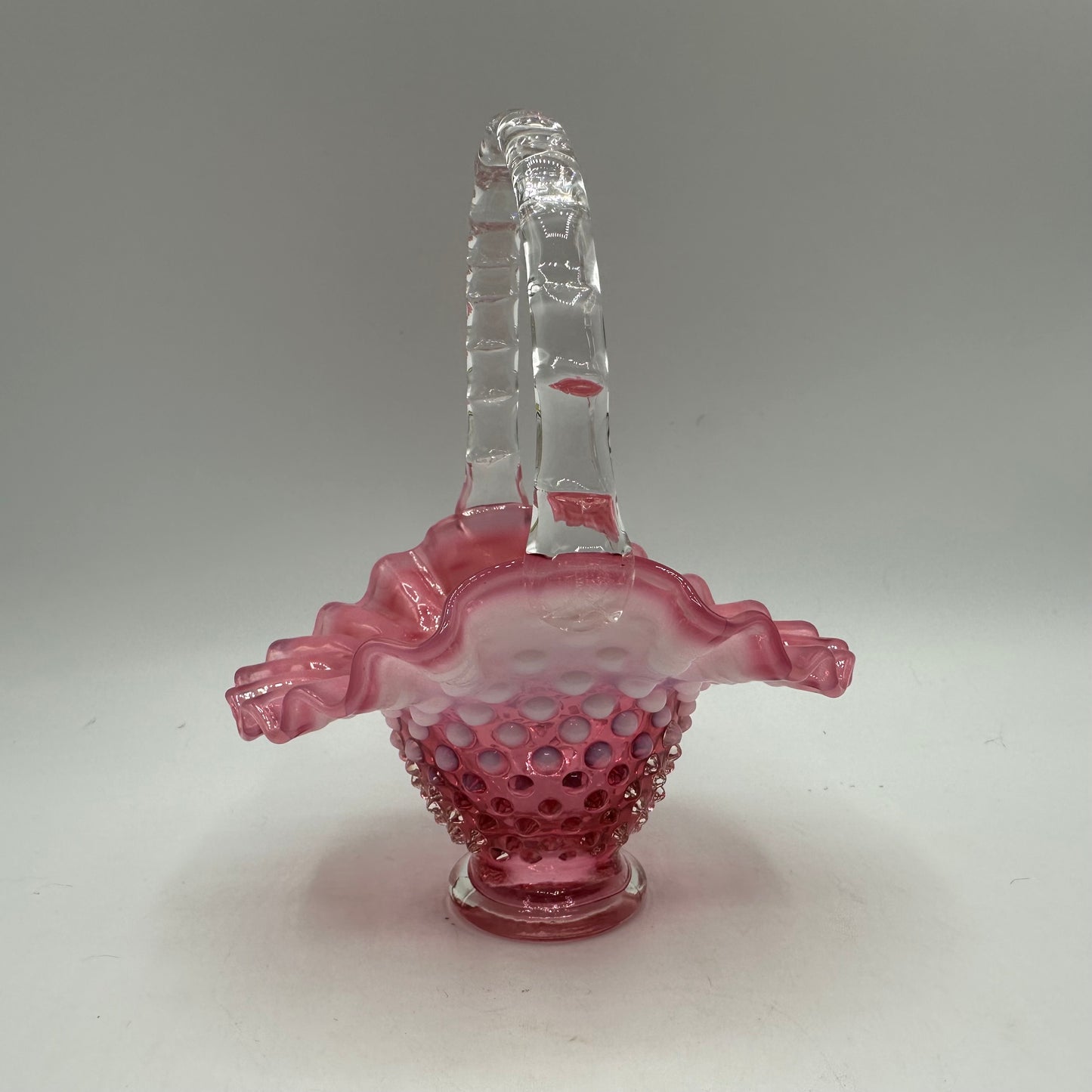 Fenton Cranberry Opalescent Hobnail Ruffled Basket 1940s, 5"