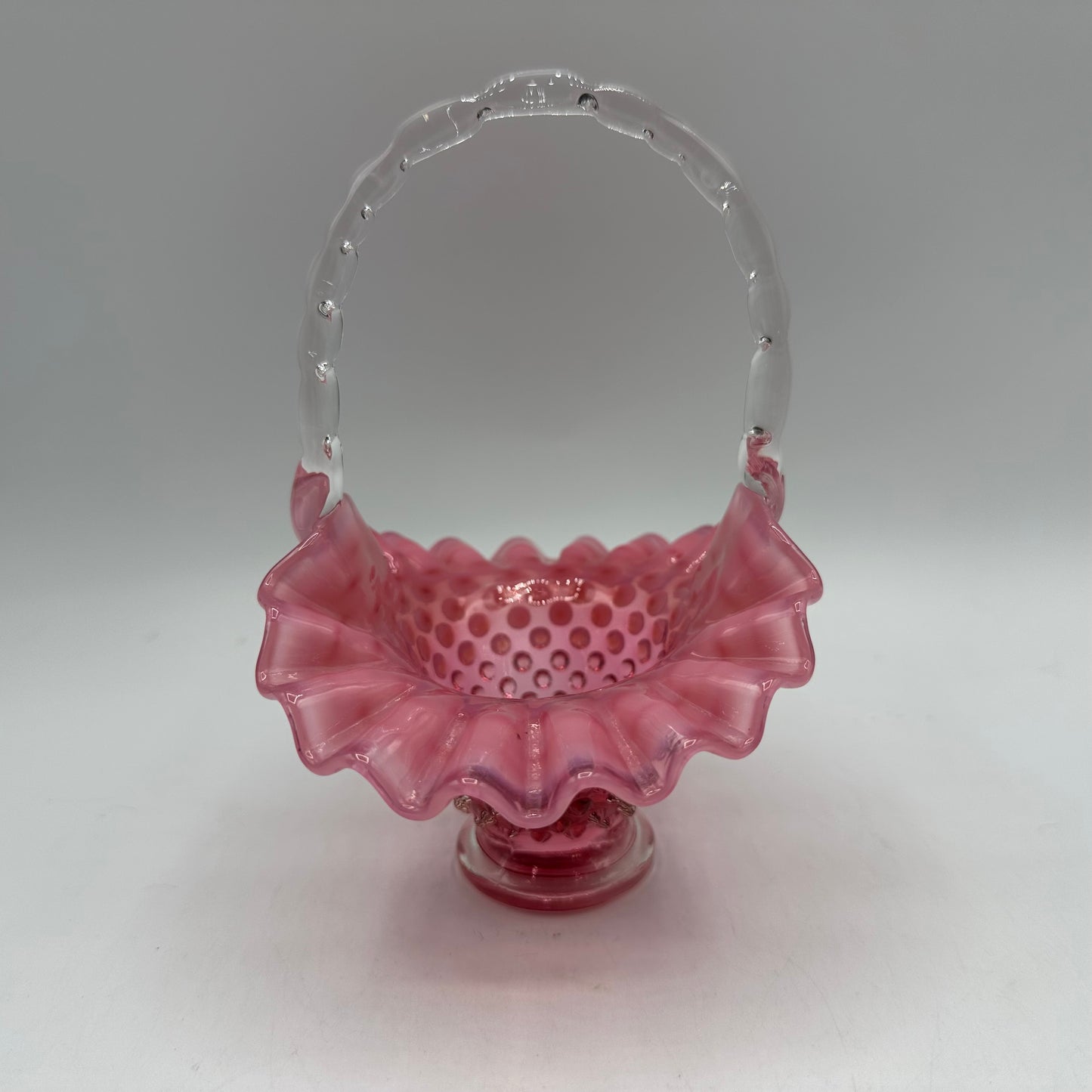 Fenton Cranberry Opalescent Hobnail Ruffled Basket 1940s, 5"