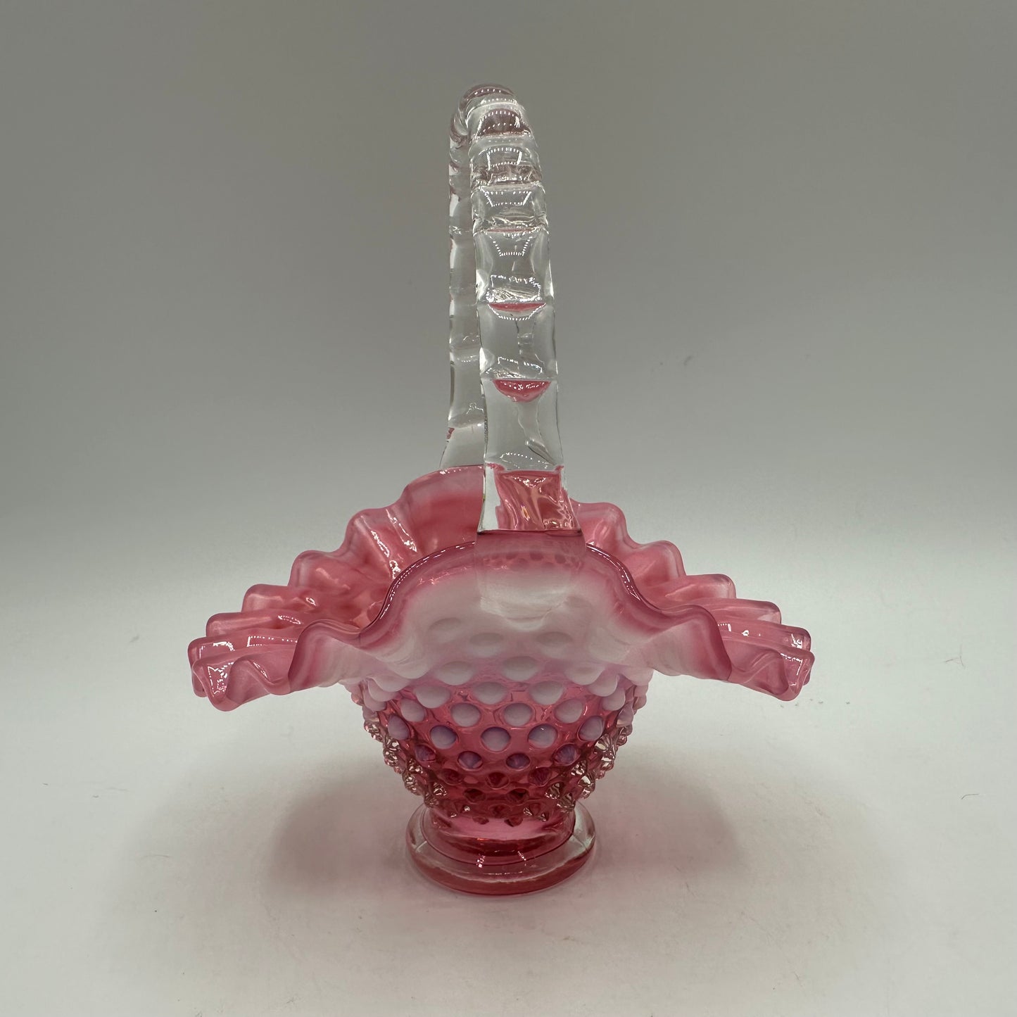 Fenton Cranberry Opalescent Hobnail Ruffled Basket 1940s, 5"