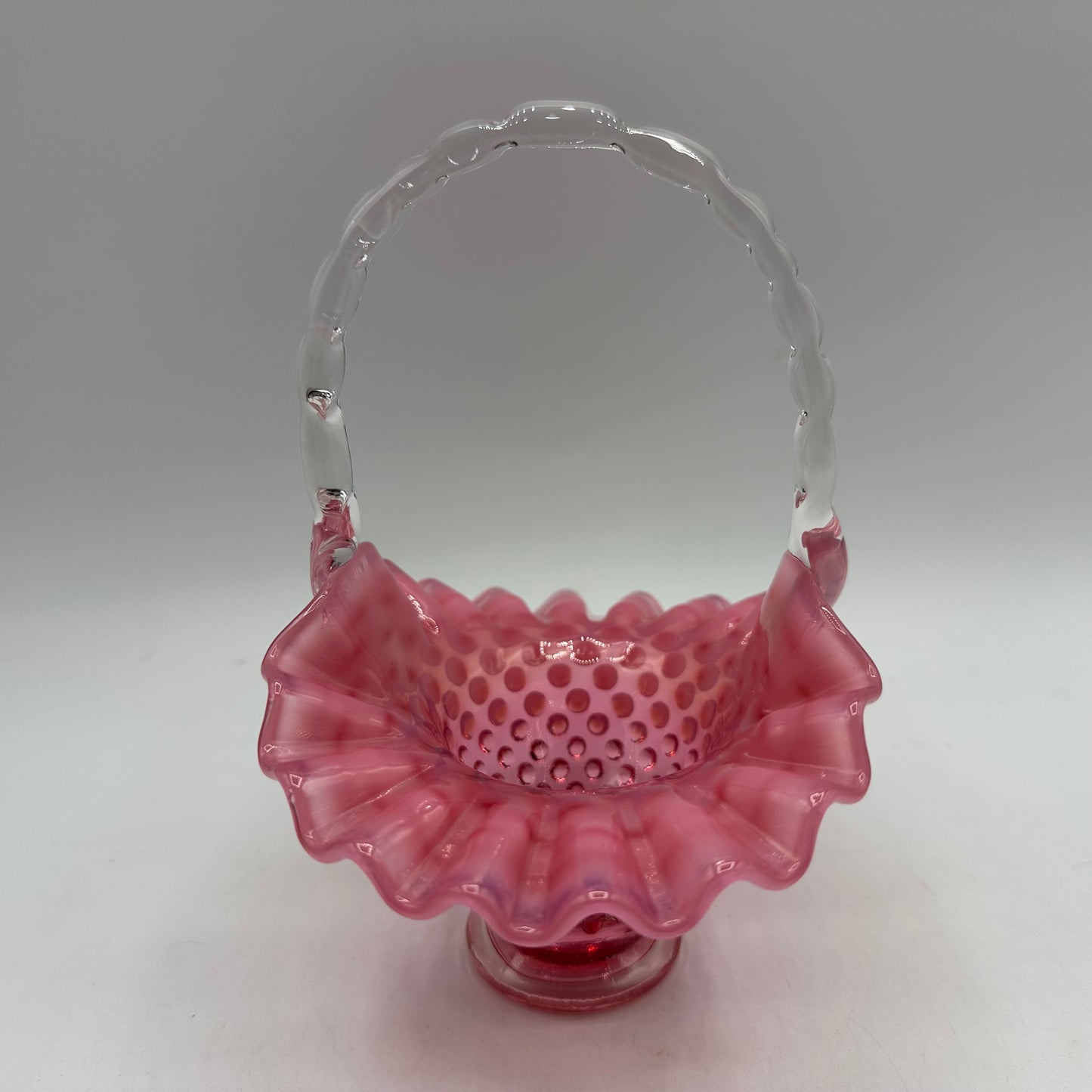 Fenton Cranberry Opalescent Hobnail Ruffled Basket 1940s, 5"