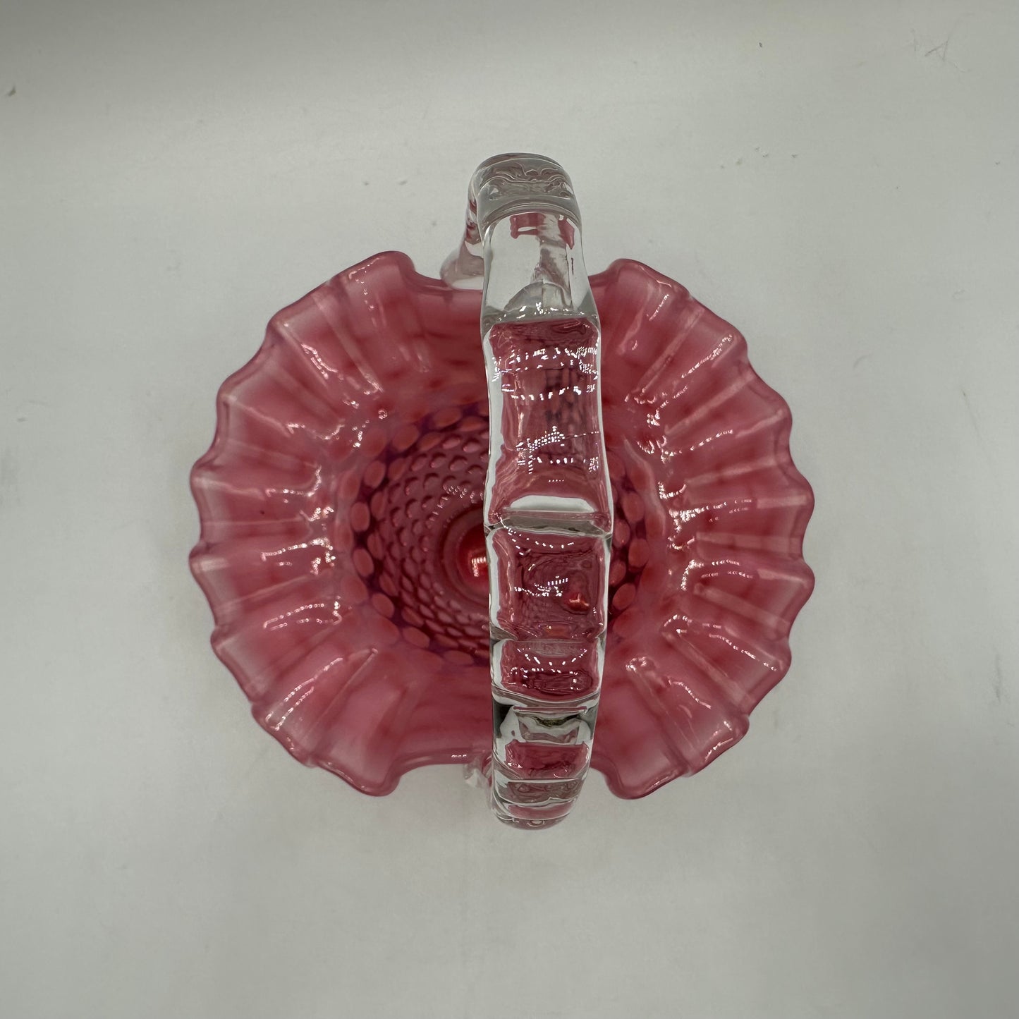Fenton Cranberry Opalescent Hobnail Ruffled Basket 1940s, 5"