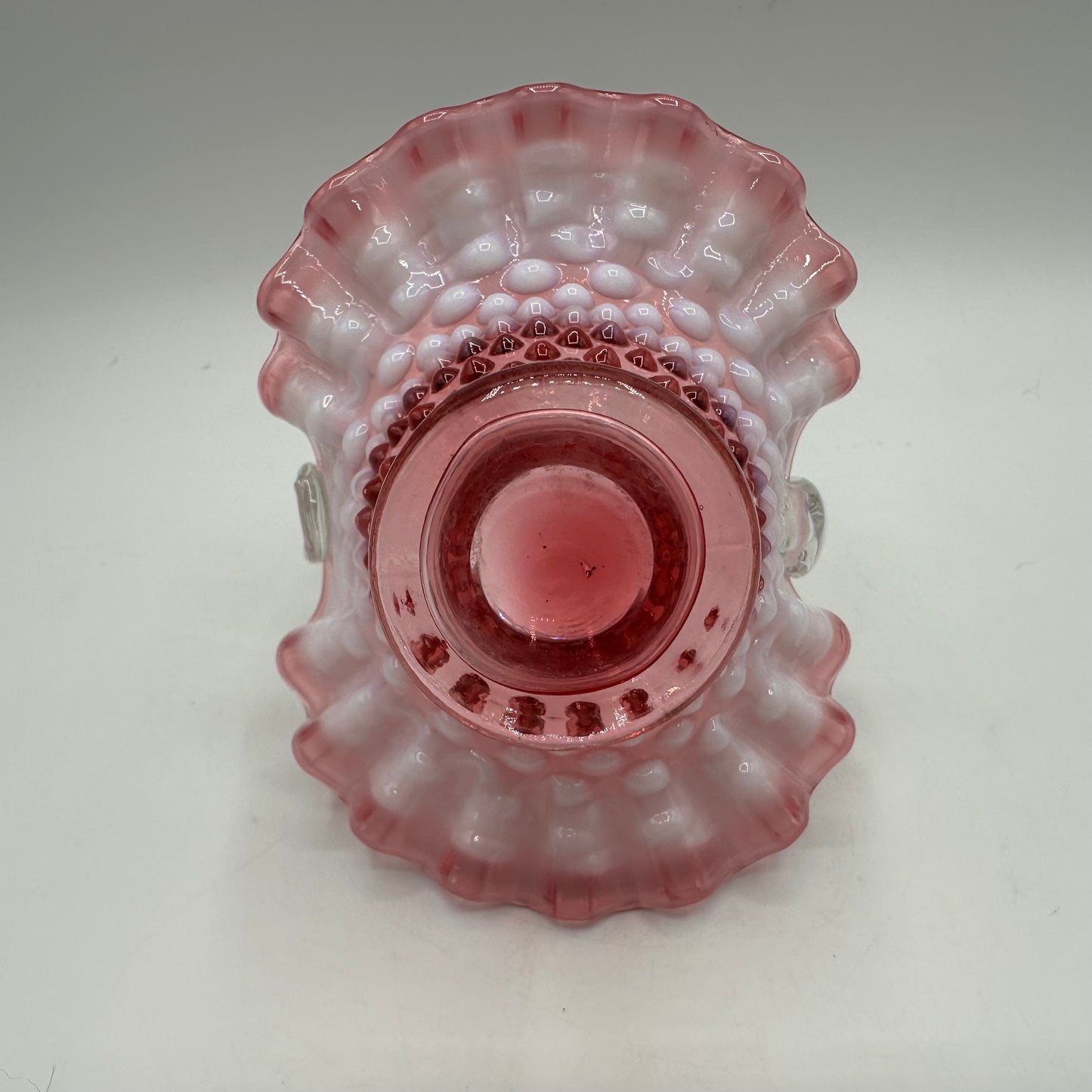 Fenton Cranberry Opalescent Hobnail Ruffled Basket 1940s, 5"
