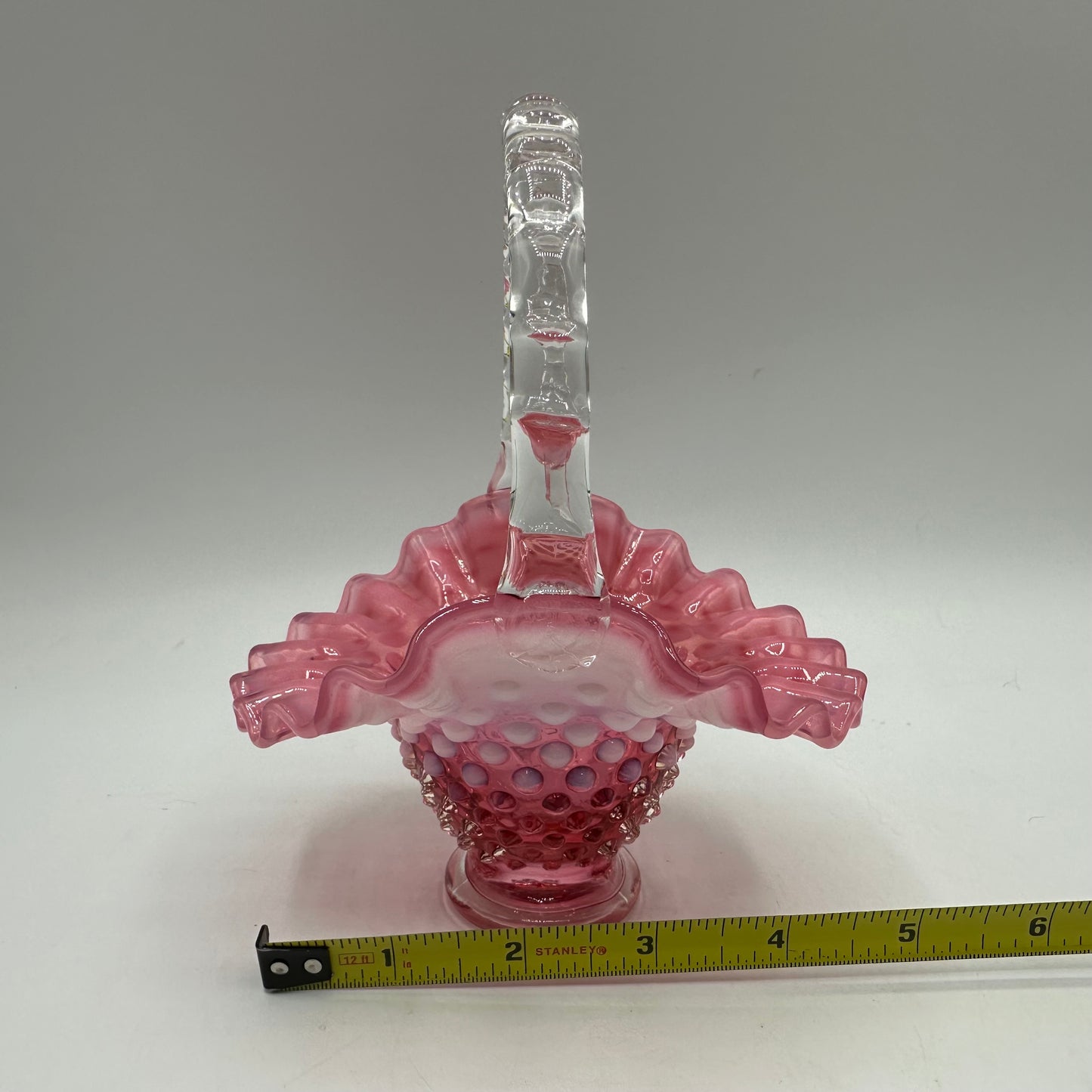 Fenton Cranberry Opalescent Hobnail Ruffled Basket 1940s, 5"