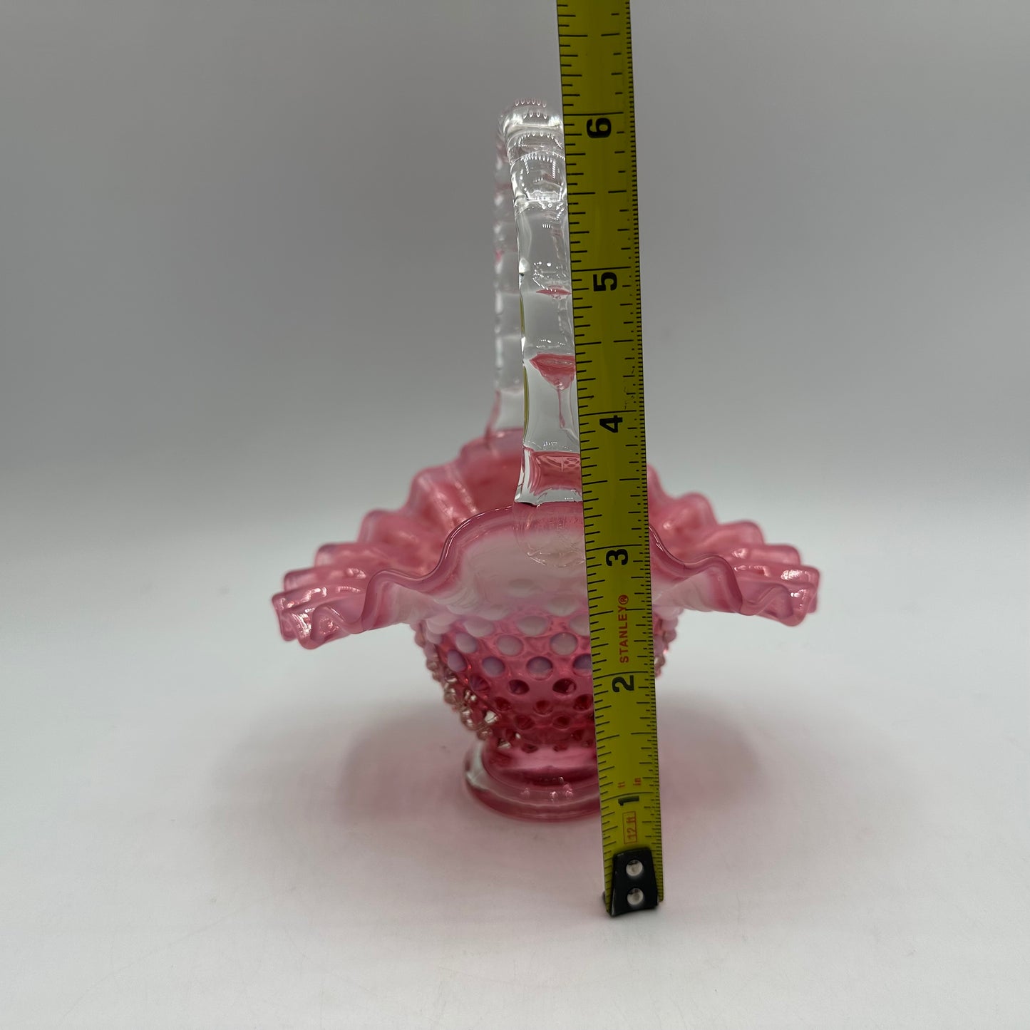 Fenton Cranberry Opalescent Hobnail Ruffled Basket 1940s, 5"