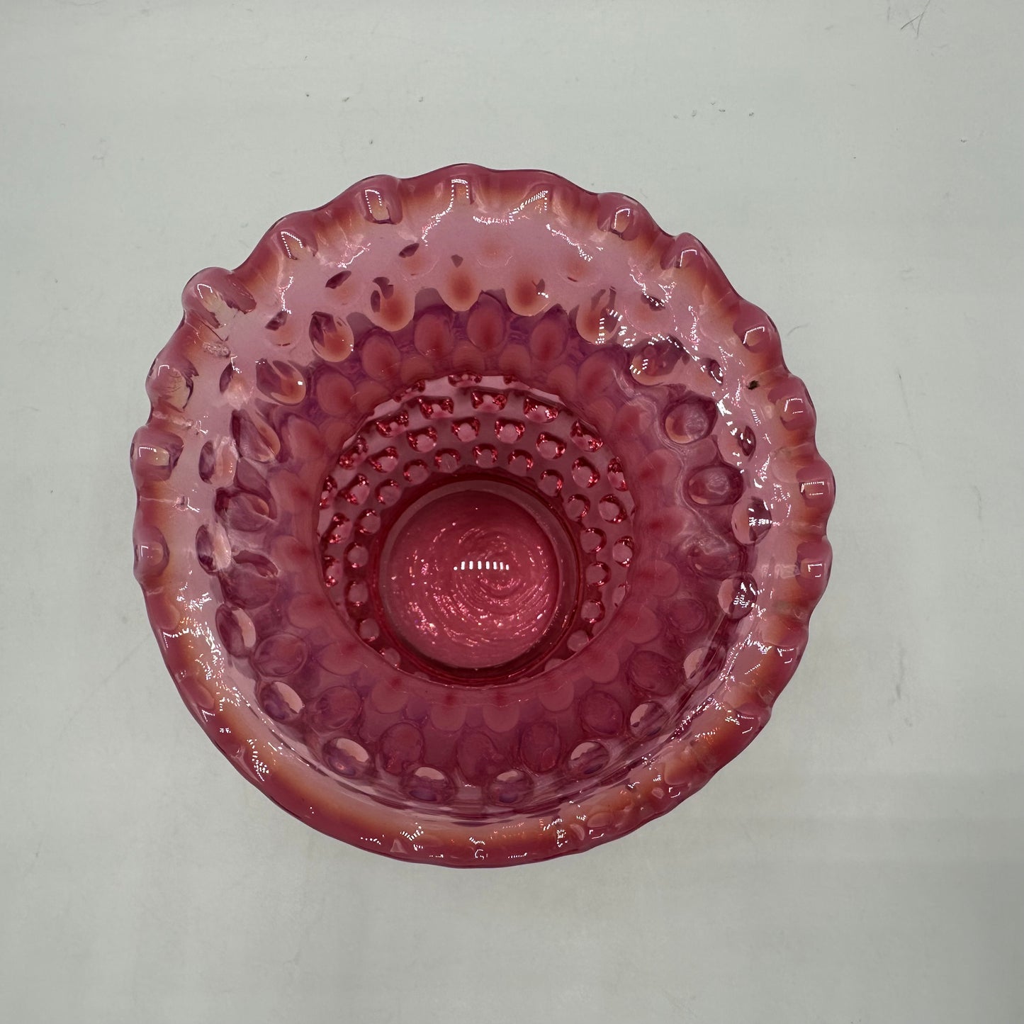 Fenton Cranberry Opalescent Hobnail Ruffled Vase, 4.25" Tall