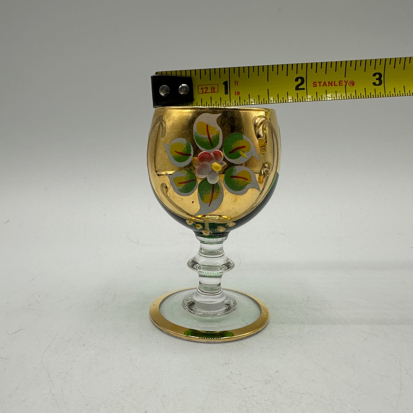 Bohemian Emerald Green Decanter Handpainted Floral Design, 6 Cordial Glasses