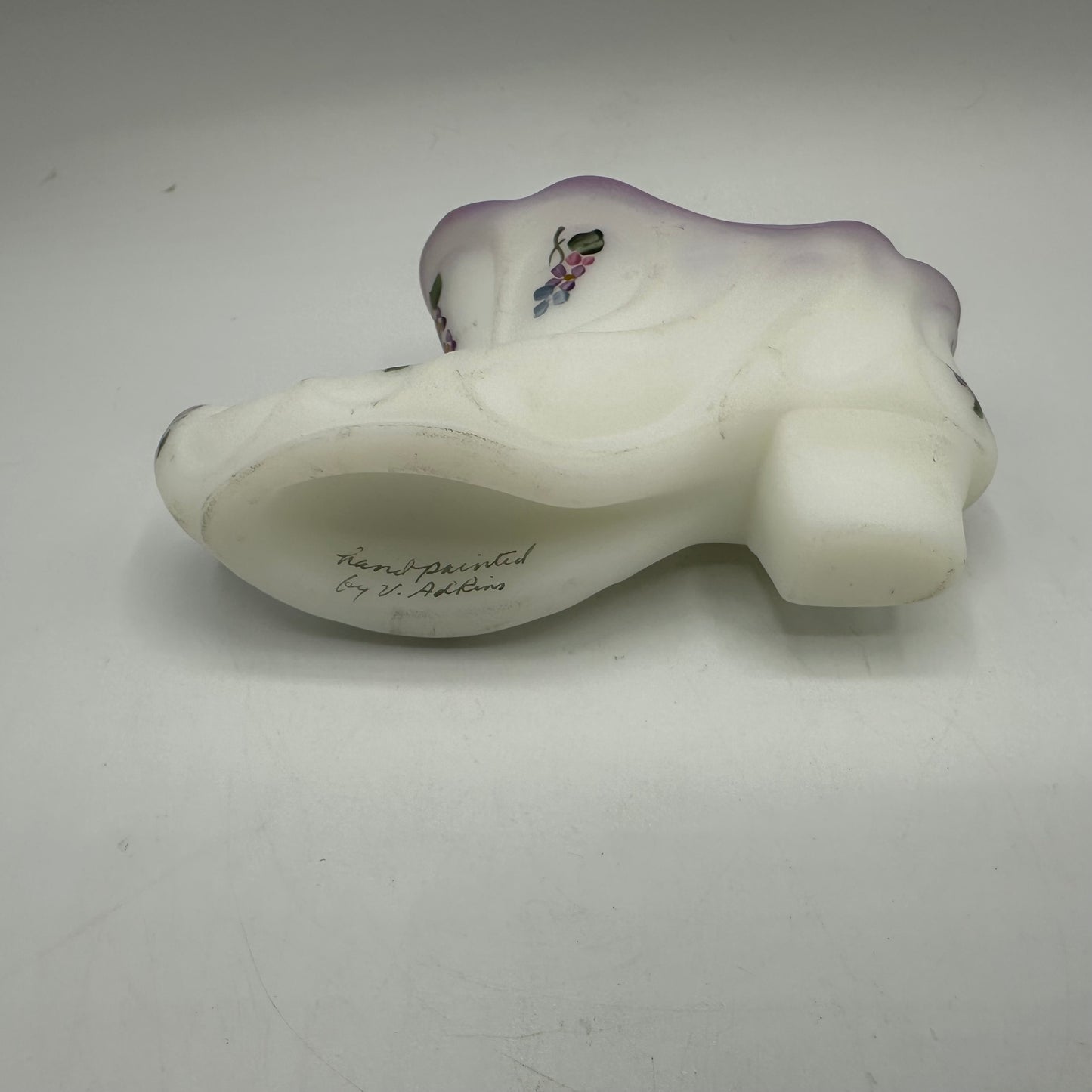 Fenton Satin Slipper Hand Painted Purple Flowers
