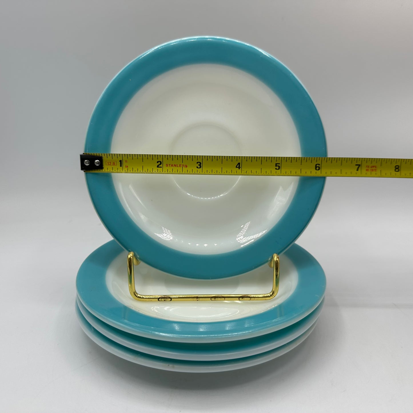 Pyrex Saucers, Milk Glass with Aqua Trim, Set of 4