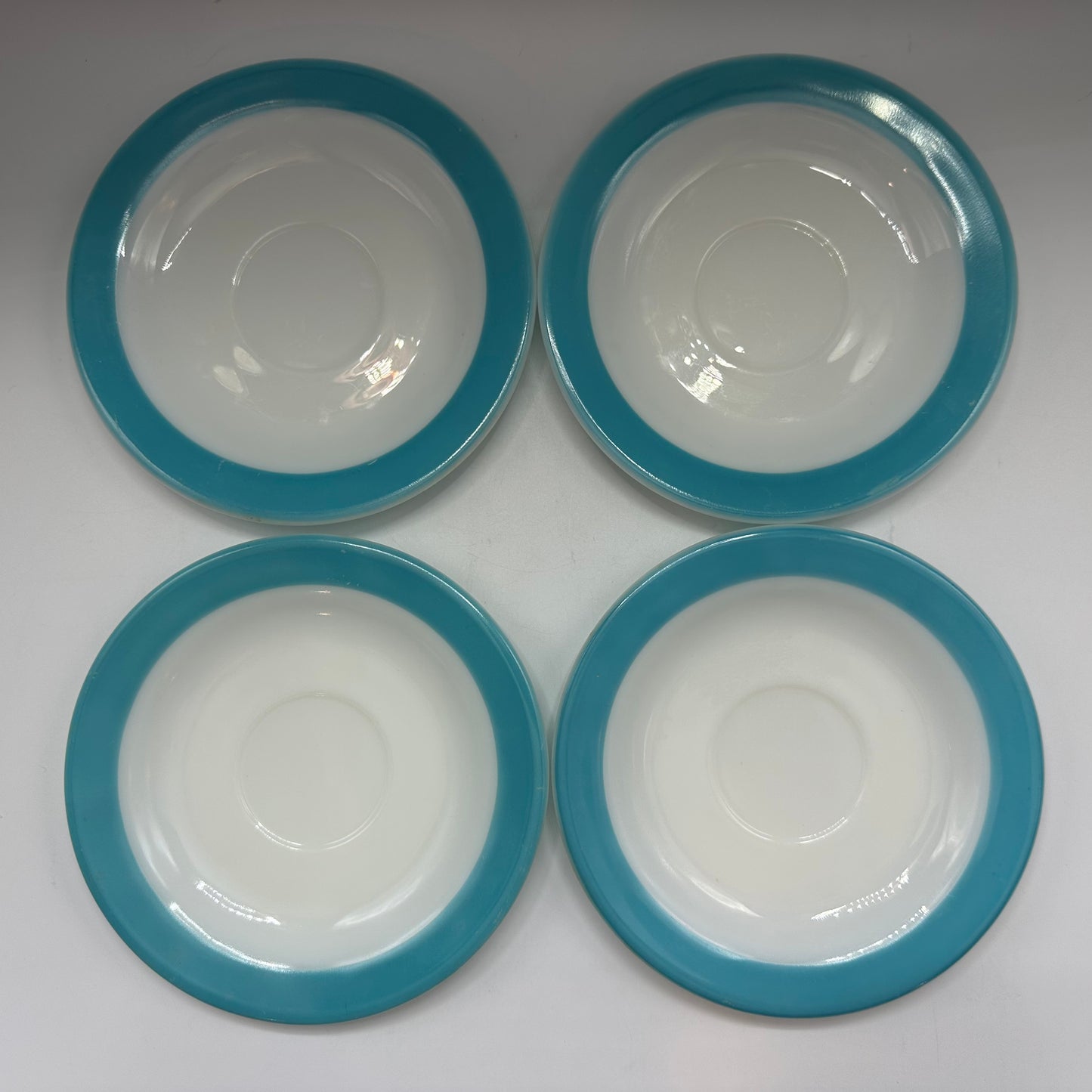 Pyrex Saucers, Milk Glass with Aqua Trim, Set of 4