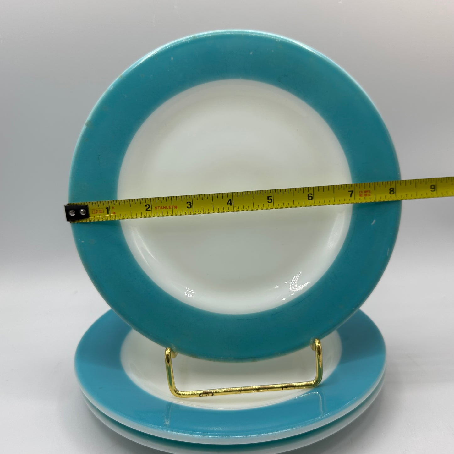 Pyrex Milk Glass Plates, With Aqua Trim,  8", Set of 3