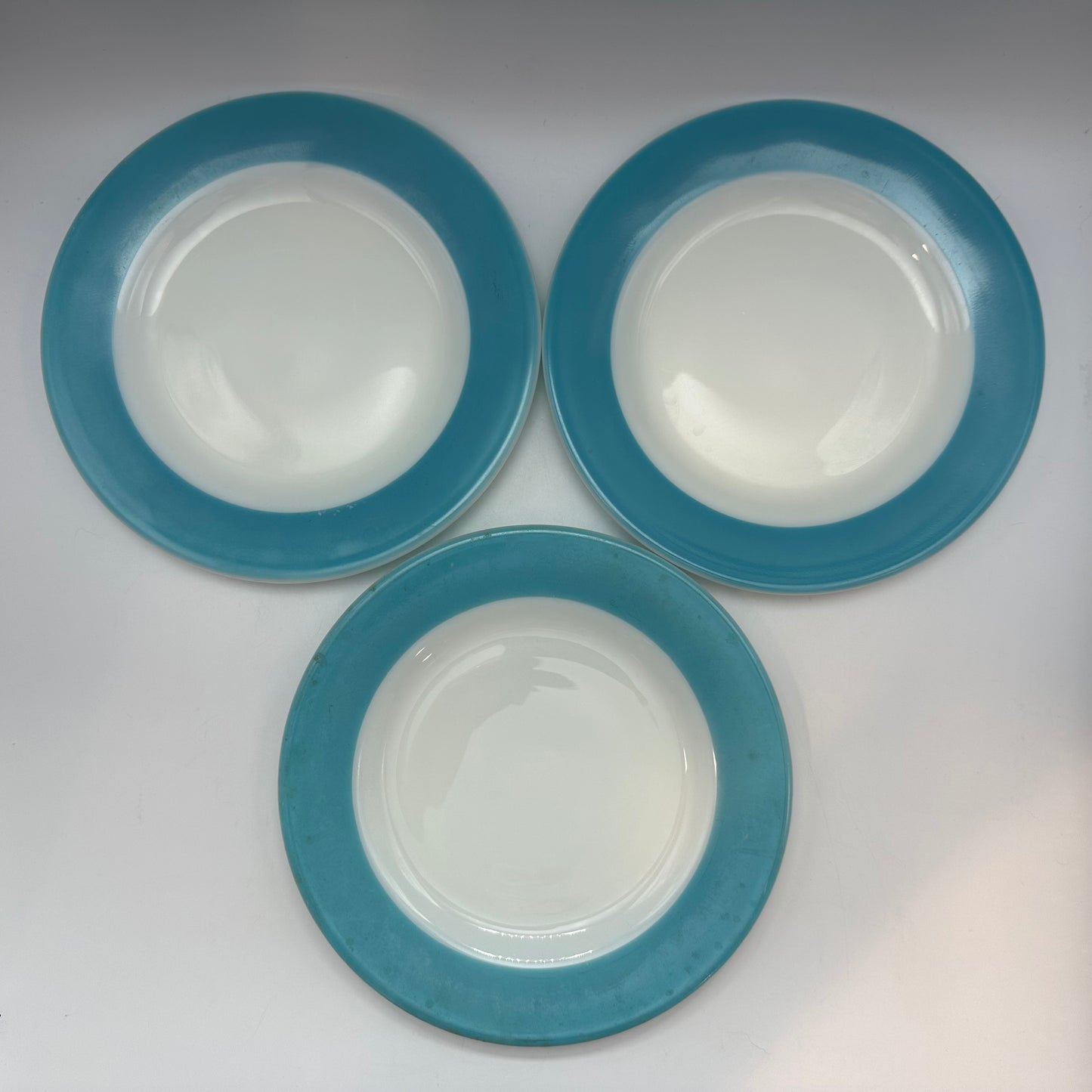 Pyrex Milk Glass Plates, With Aqua Trim,  8", Set of 3