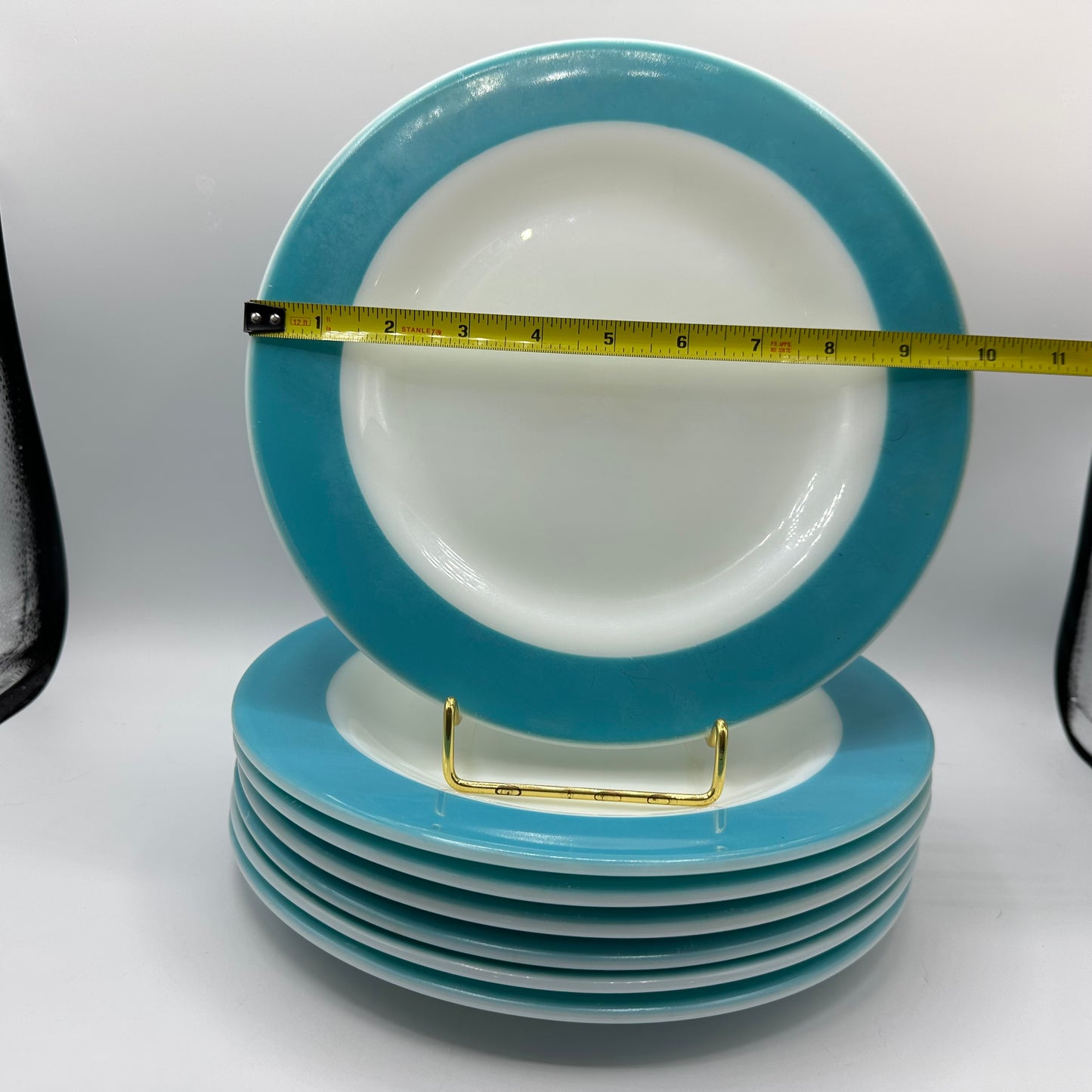 Pyrex Milk Glass Plates, With Aqua Trim,  10", Set of 7