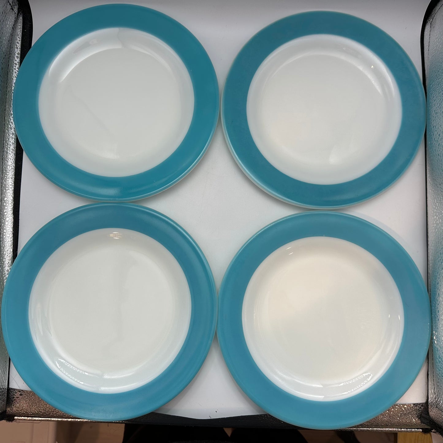 Pyrex Milk Glass Plates, With Aqua Trim,  10", Set of 7
