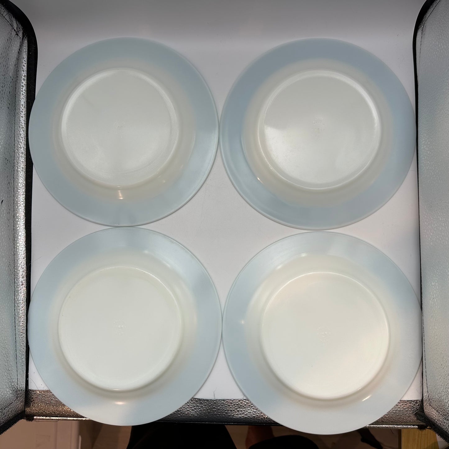 Pyrex Milk Glass Plates, With Aqua Trim,  10", Set of 7
